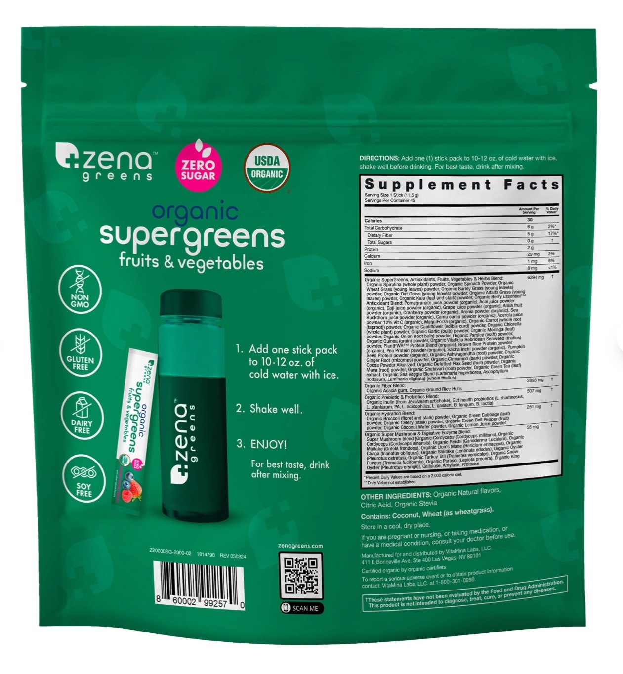 Zena Greens Organic Supergreens Fruits & Vegetables Powder 45 Packs EXP 03/2027