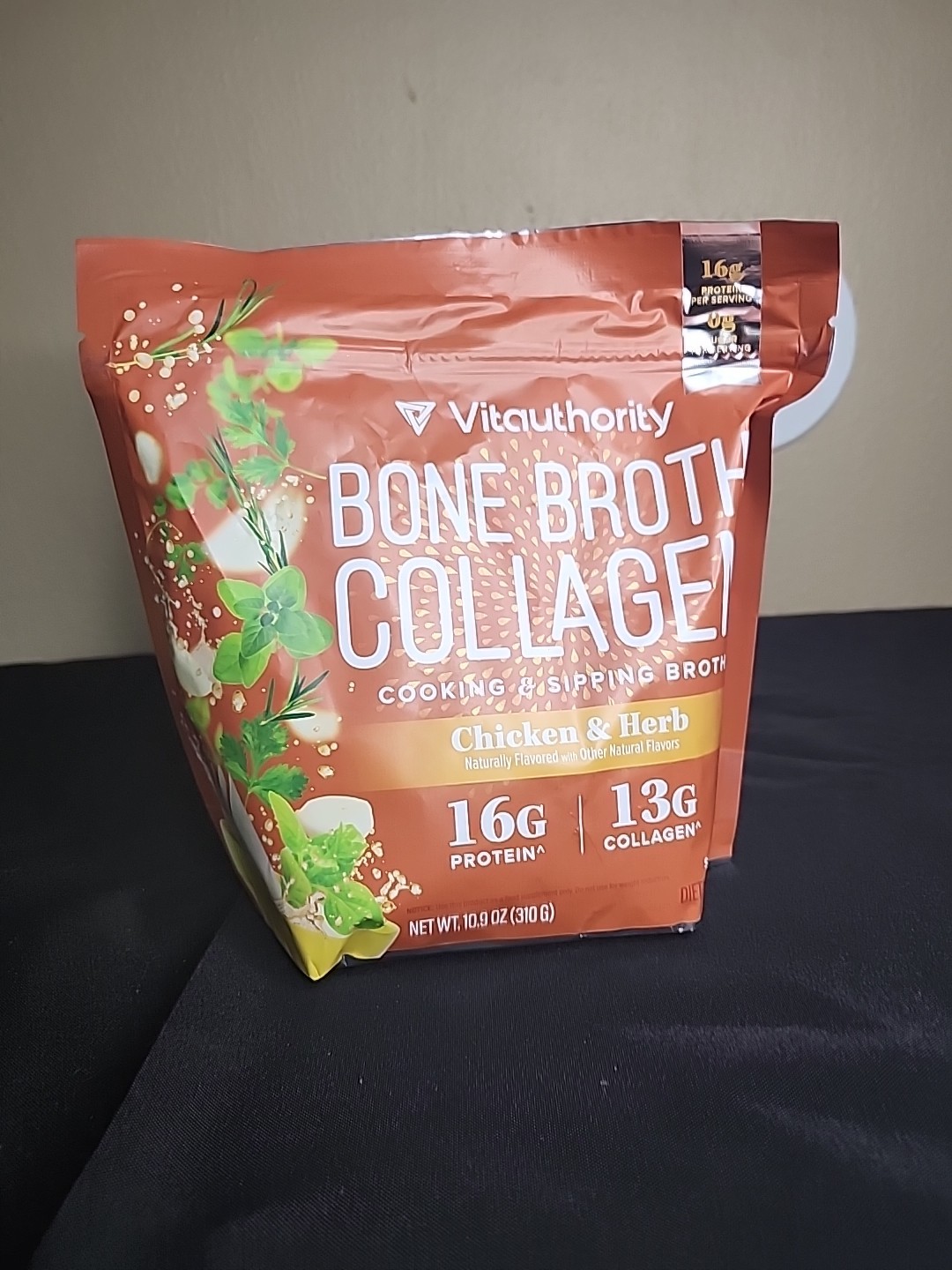 Vitauthority Bone Broth Collagen Chicken & Herb 10.9oz 16g Protein 15 Servings N