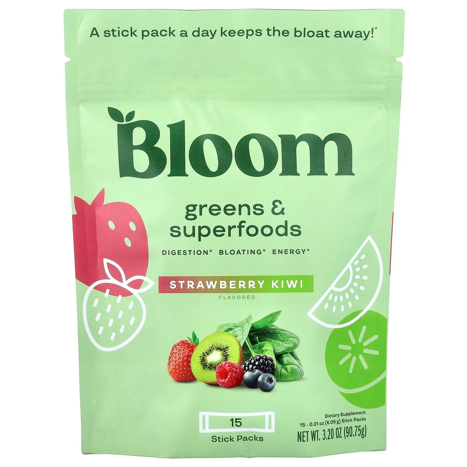 2 X Bloom, Greens & Superfoods, Strawberry Kiwi, 15 Stick Packs, 0.21 oz (6.05