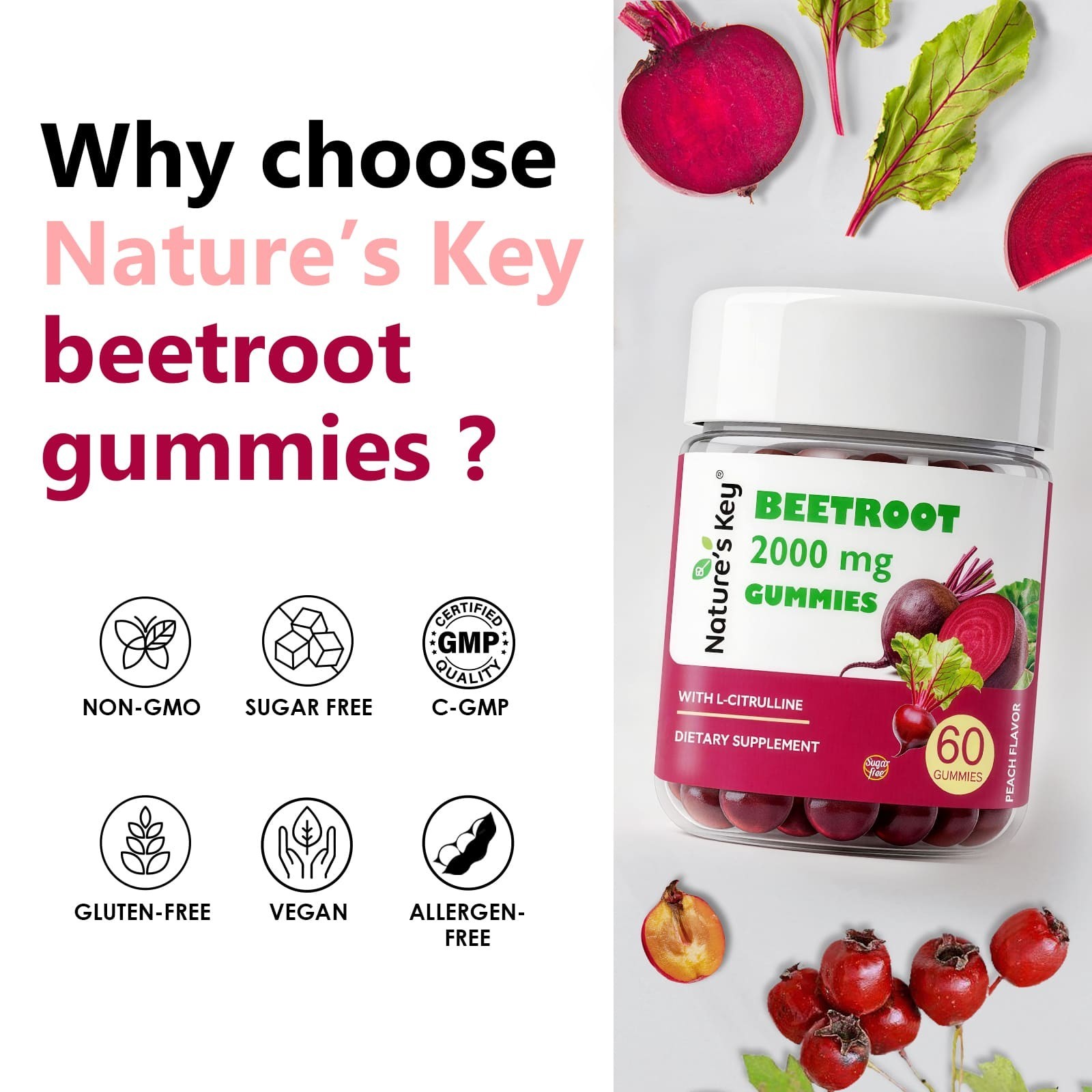 Beet Root Gummies 2000mg Vegan, Non-GMO, and Gluten Free Peach Flavor Sugar-Free