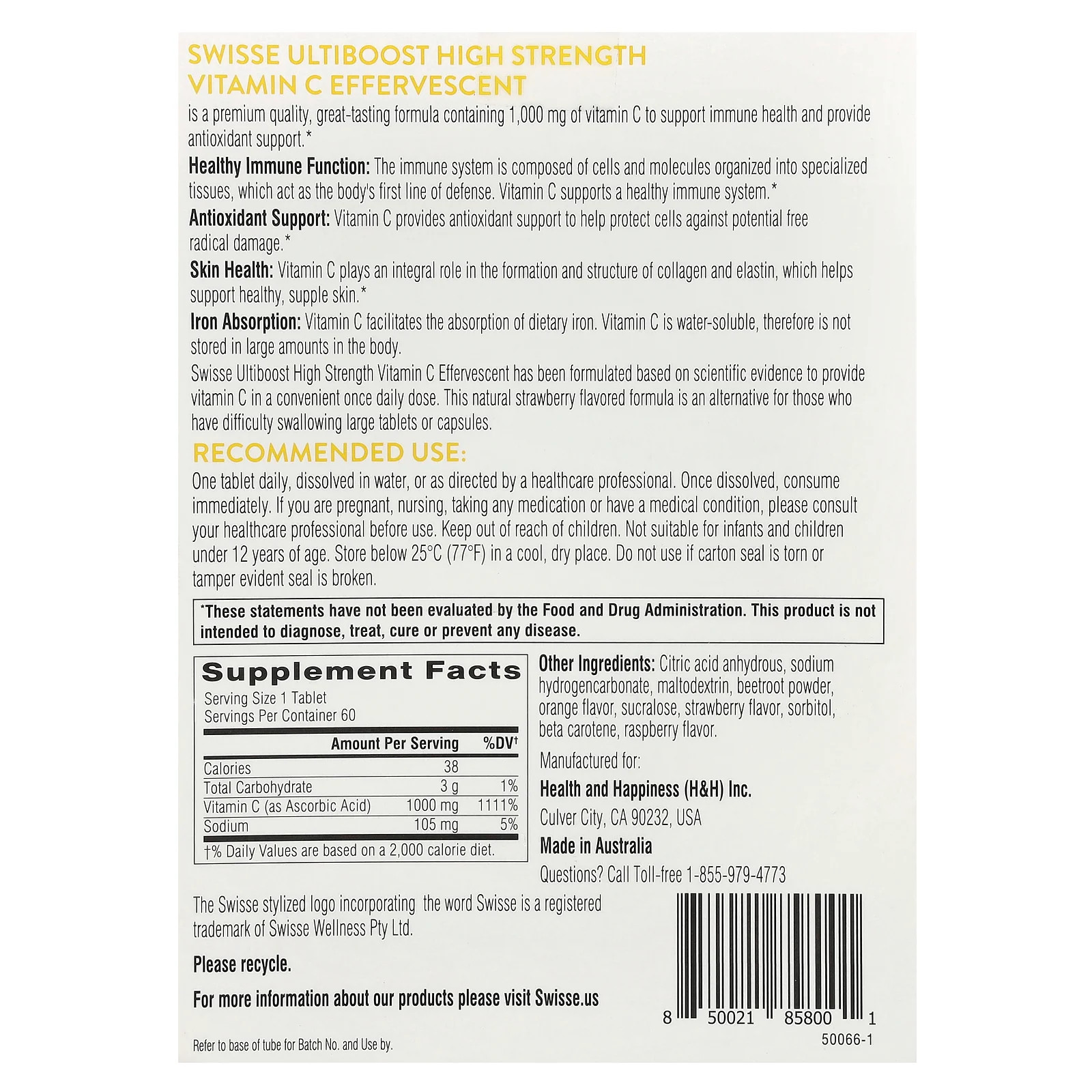 2 X Swisse, Ultiboost�, High Strength Vitamin C, Strawberry, 1,000 mg, 3 Tubes,