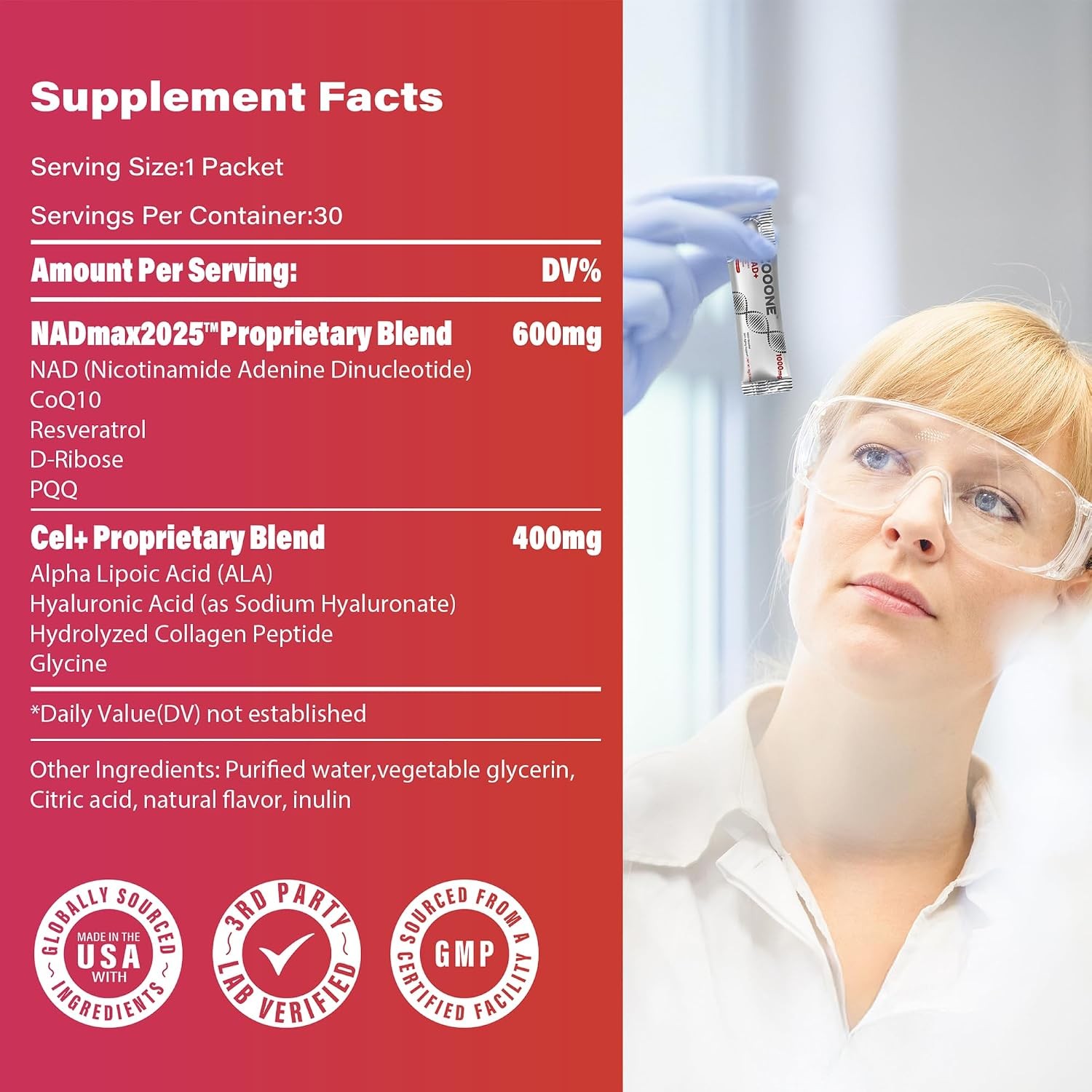 NAD+ 1000mg Powder 30 Sticks Nicotinamide Riboside PQQ Resveratrol Anti Aging