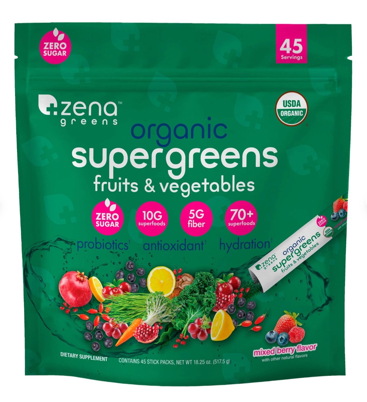 Zena Greens Organic Supergreens Fruits & Vegetables Powder 45 Packs EXP 03/2027