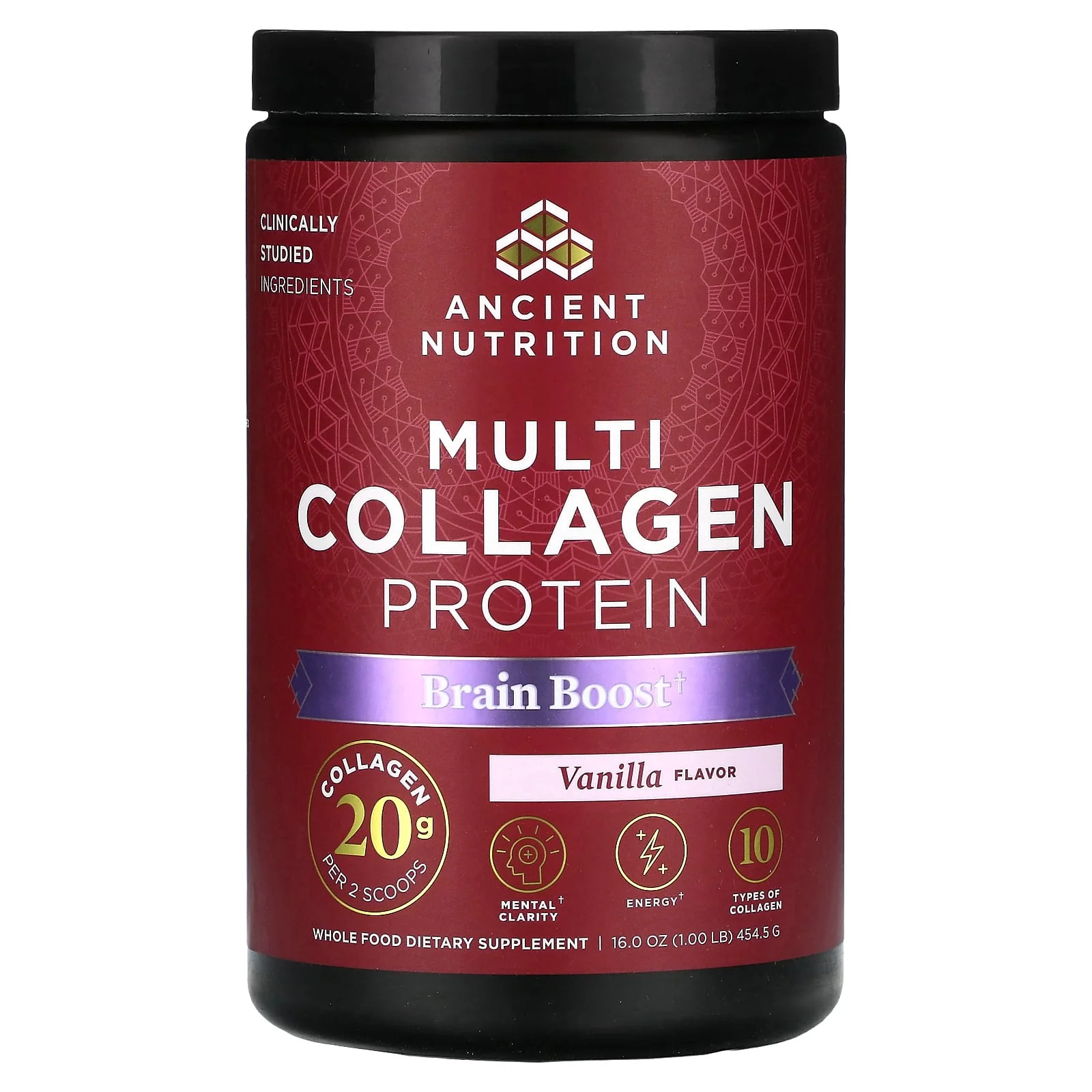 2 X Ancient Nutrition, Multi Collagen Protein, Brain Boost, Vanilla, 1 lb (454.