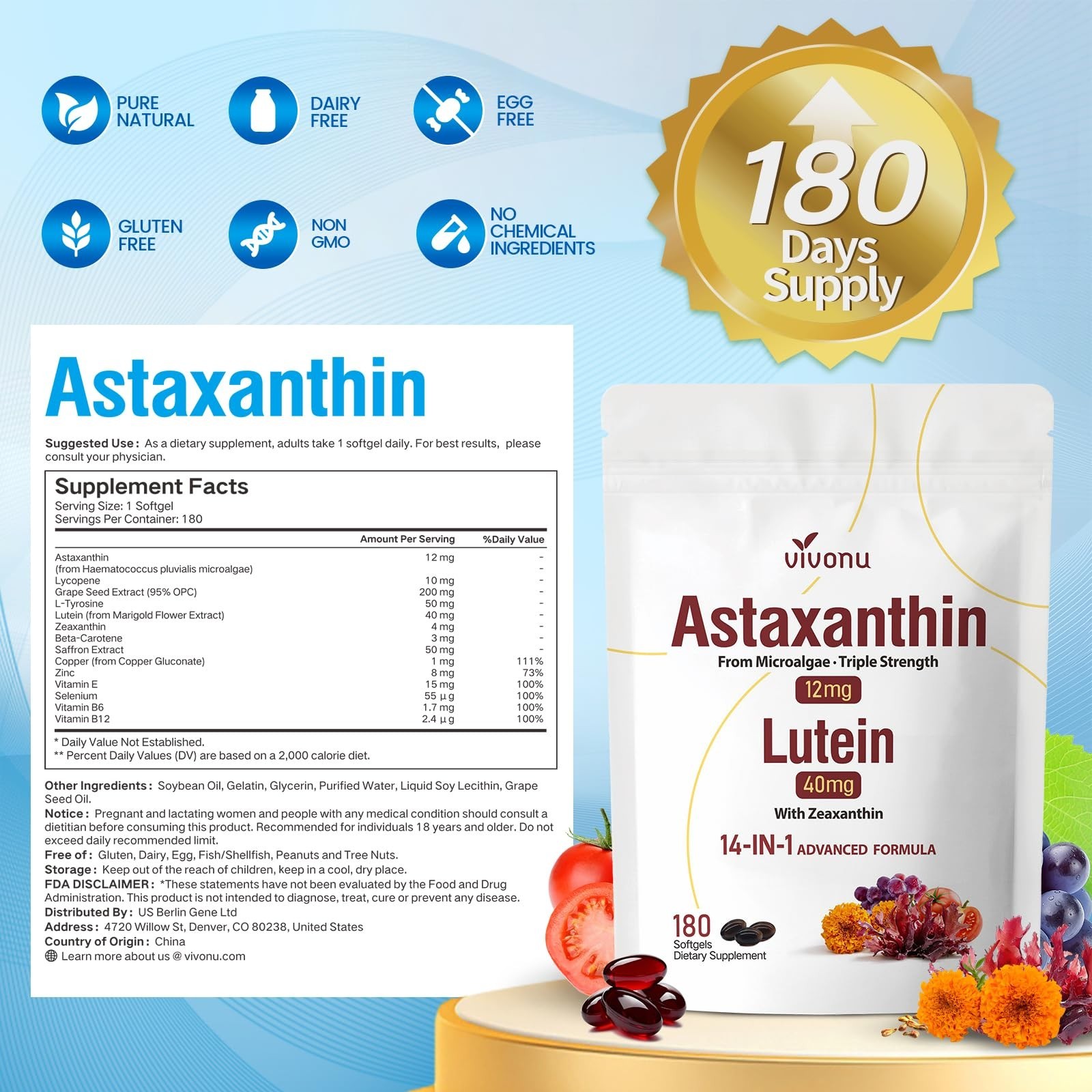 14-in-1 Astaxanthin & Lutein 12mg, Zeaxanthin Softgels – 6 Month Supply, Eye & S