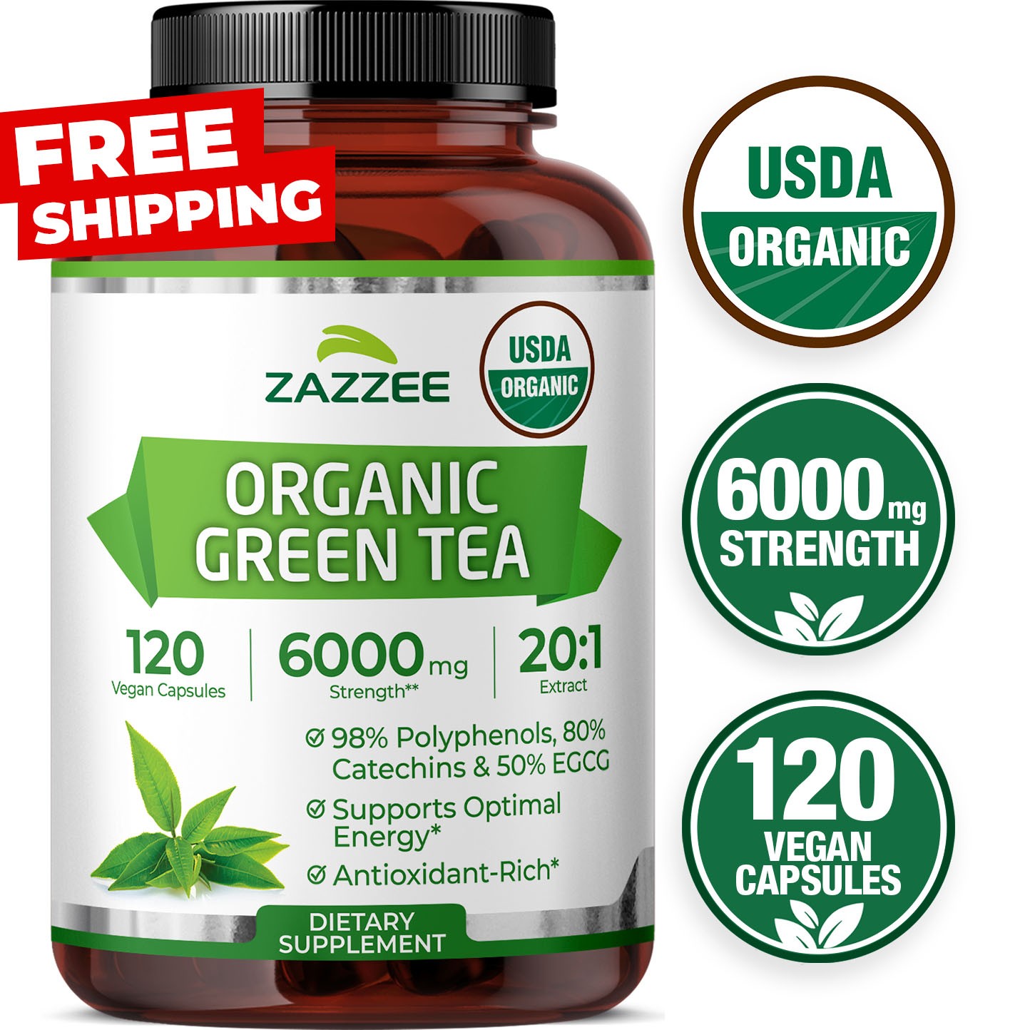 Zazzee USDA Organic Green Tea 20:1 Extract, 6000 mg Strength, 50% EGCG