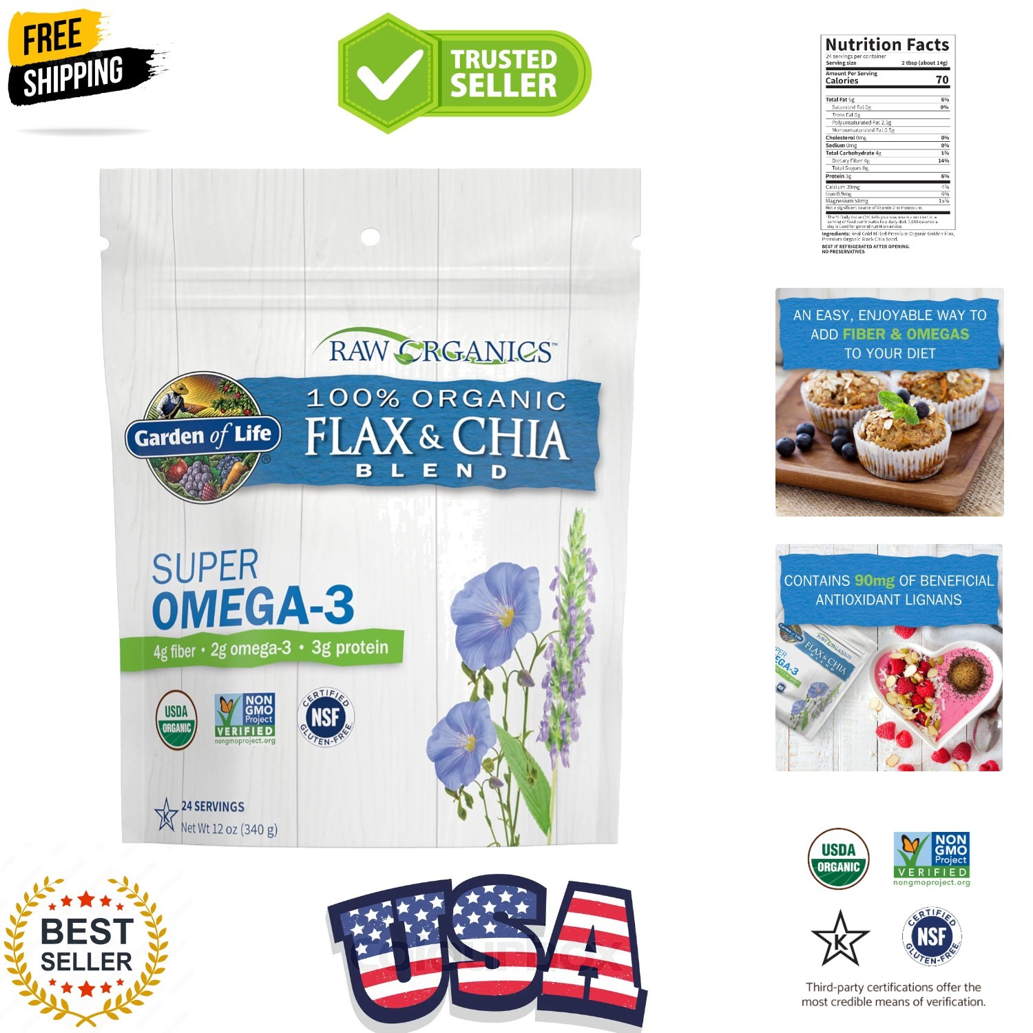 Raw Organics 100% Organic Ground Flax Seed & Chia Blend, Gluten Free Golden F…