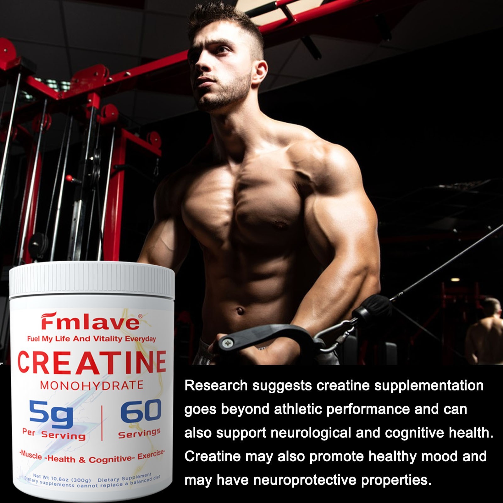 Micronized Creatine Monohydrate Powder 300g, 60 Servings, Unflavored, Non-GMO