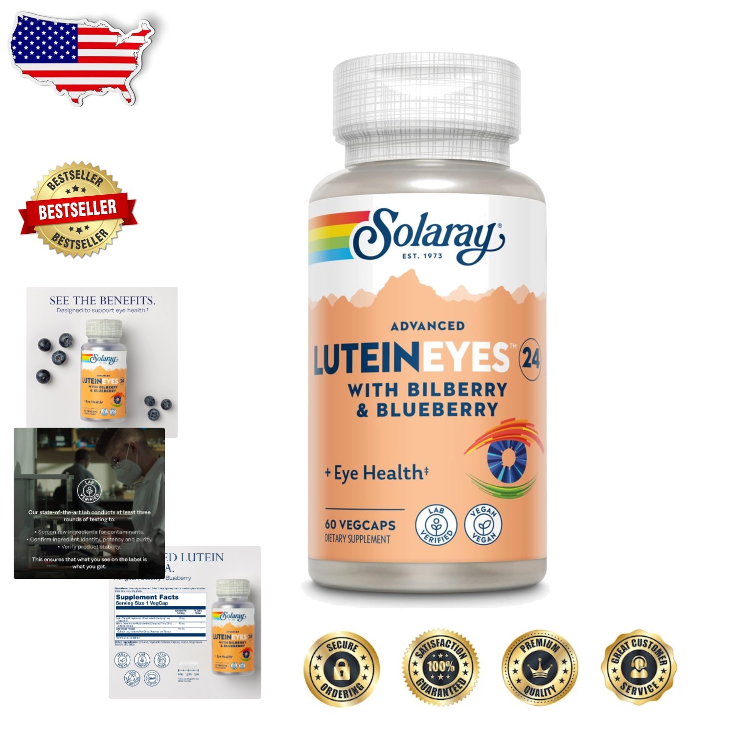 Advanced Lutein 24mg Eye Support – VegCaps, Blueberry Bilberry, 60 Count