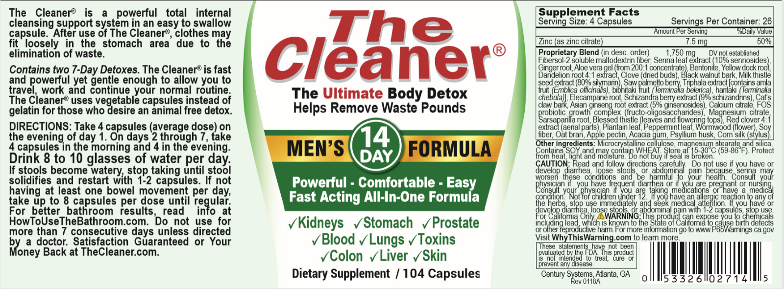 Century System’s The Cleaner Men’s Formula 14 Day Ultimate Body Detox (104 Caps)