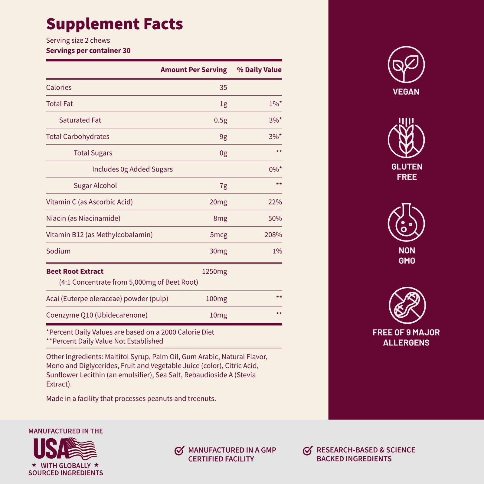 Beet Root Nitric Oxide Supplements for Energy & Heart Health – 60 Soft Chews