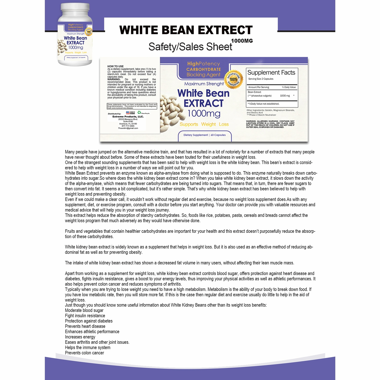Ultimate 100% White Kidney Bean Extract 1000mg Weight Loss Caps Free Ship
