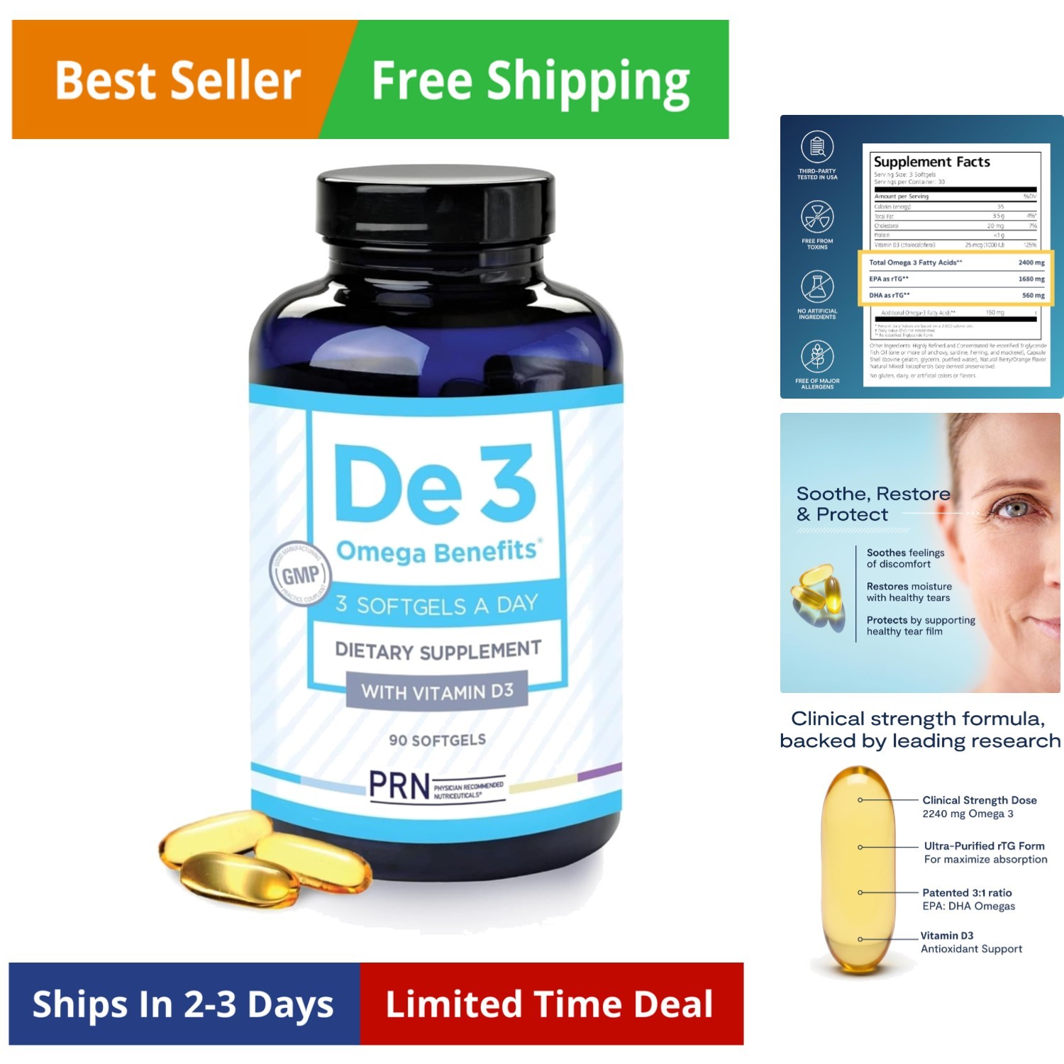 De3 Dry Eye Ultra Pure rTG Omega 3 – Support for Dry Eyes – 2400 mg EPA & DHA…