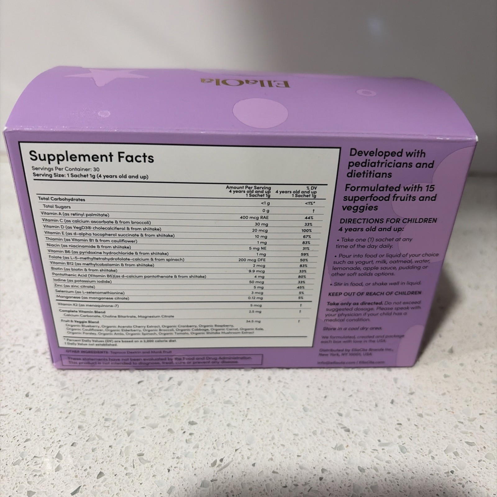 EllaOla Kids’ Unflavored Multivitamin 30 Sachets Exp 12/1/2027 *New*