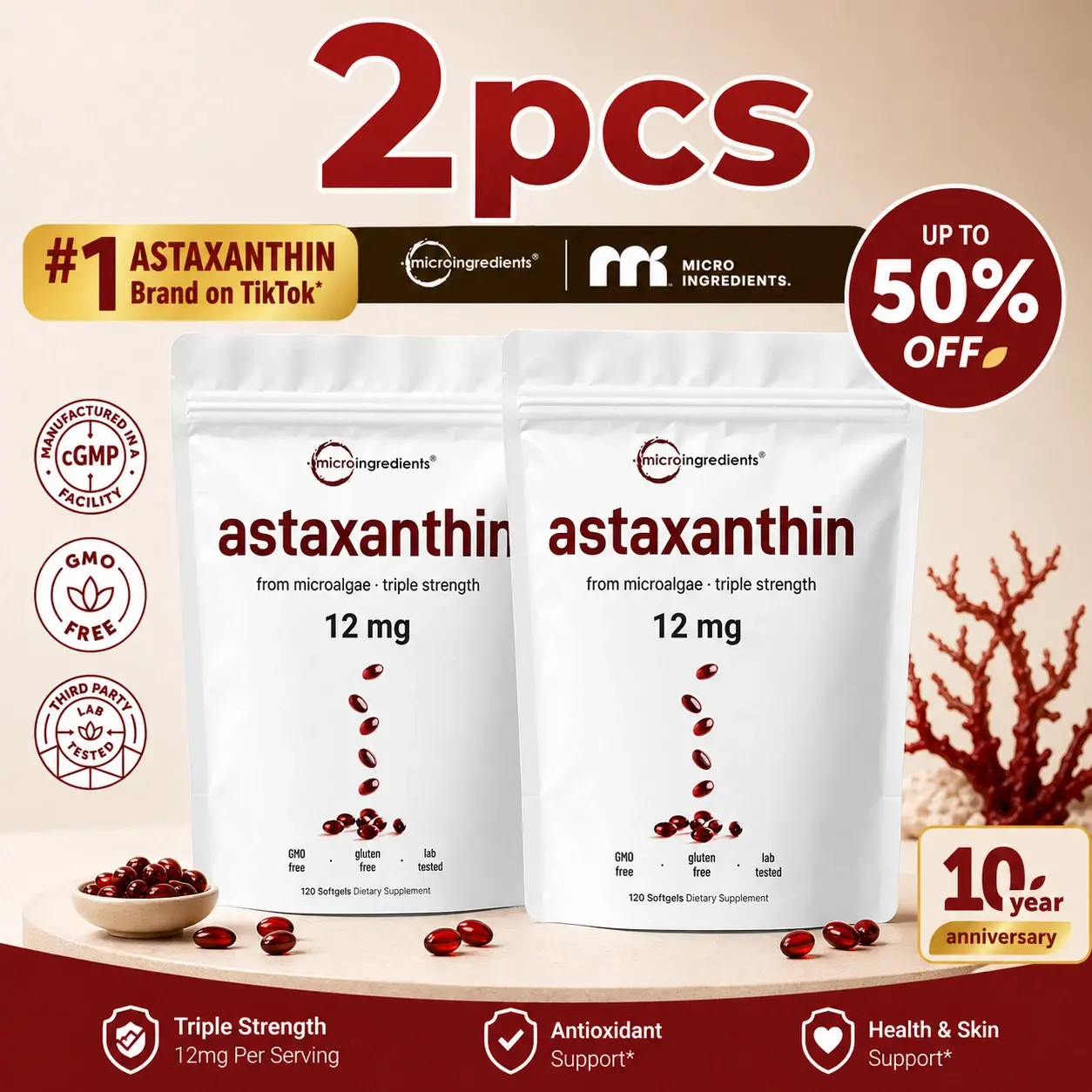 2 PACKS Astaxanthin 12mg from Natural Microalgae + Skin Glow&Antioxidant Support