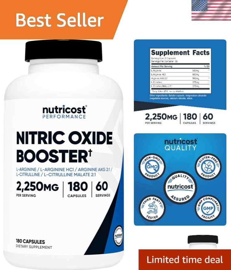 Quality Nitric Oxide Booster – 2250mg, 60 Servings, 180 Capsules – Adult Formula