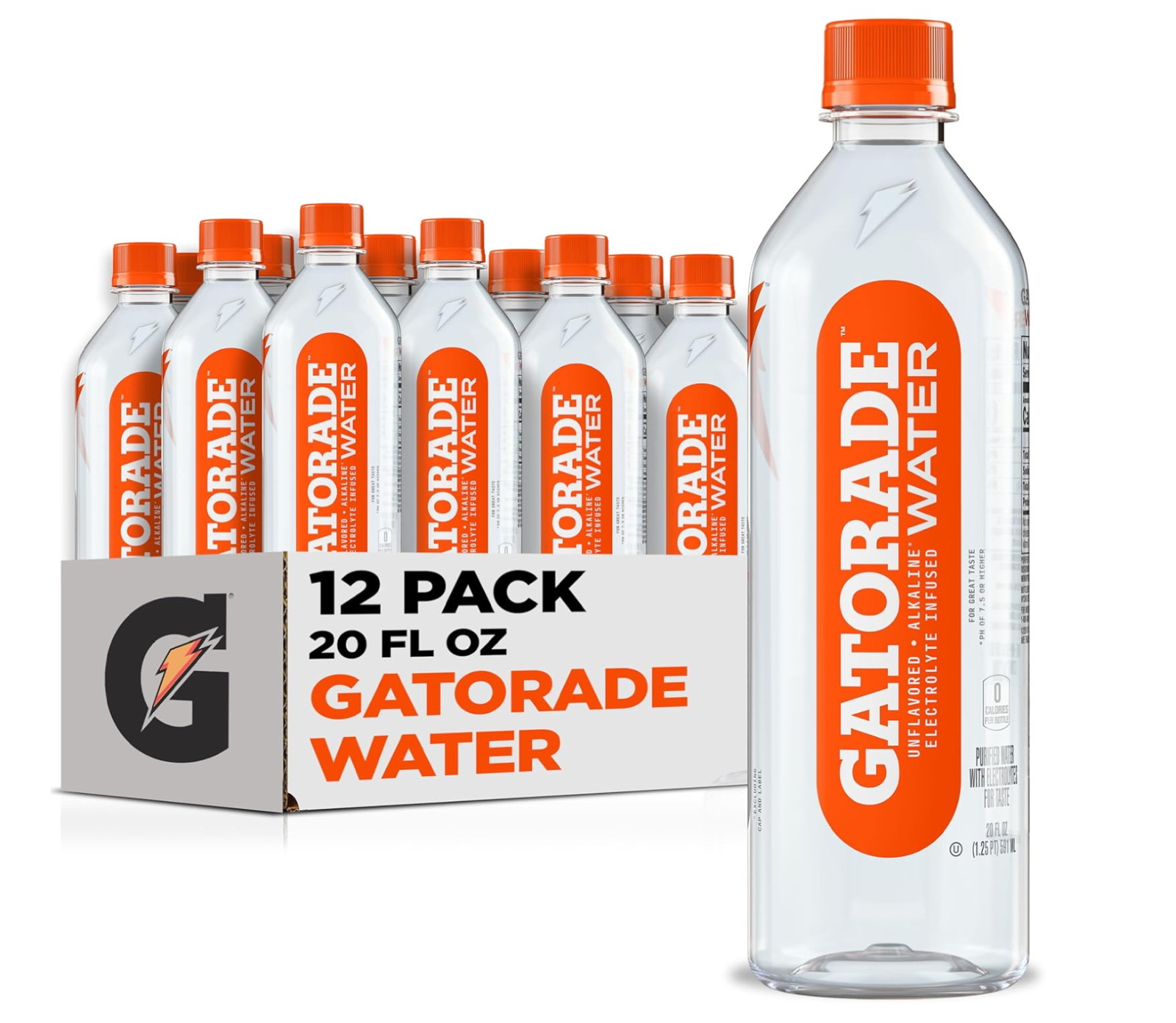 Gatorade Water, Unflavored, Electrolyte infused for 20 Fl Oz (Pack of 12)