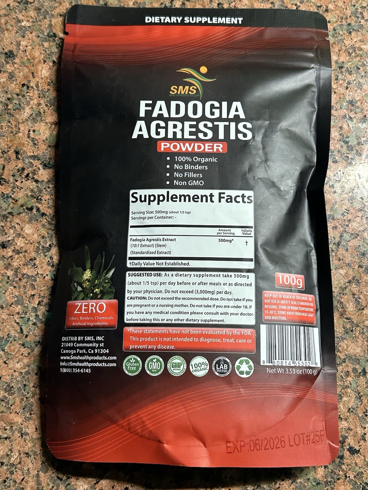 Fadogia Agrestis 100 g Powder. SMS Health Products. Exp.06/2026. Brand New
