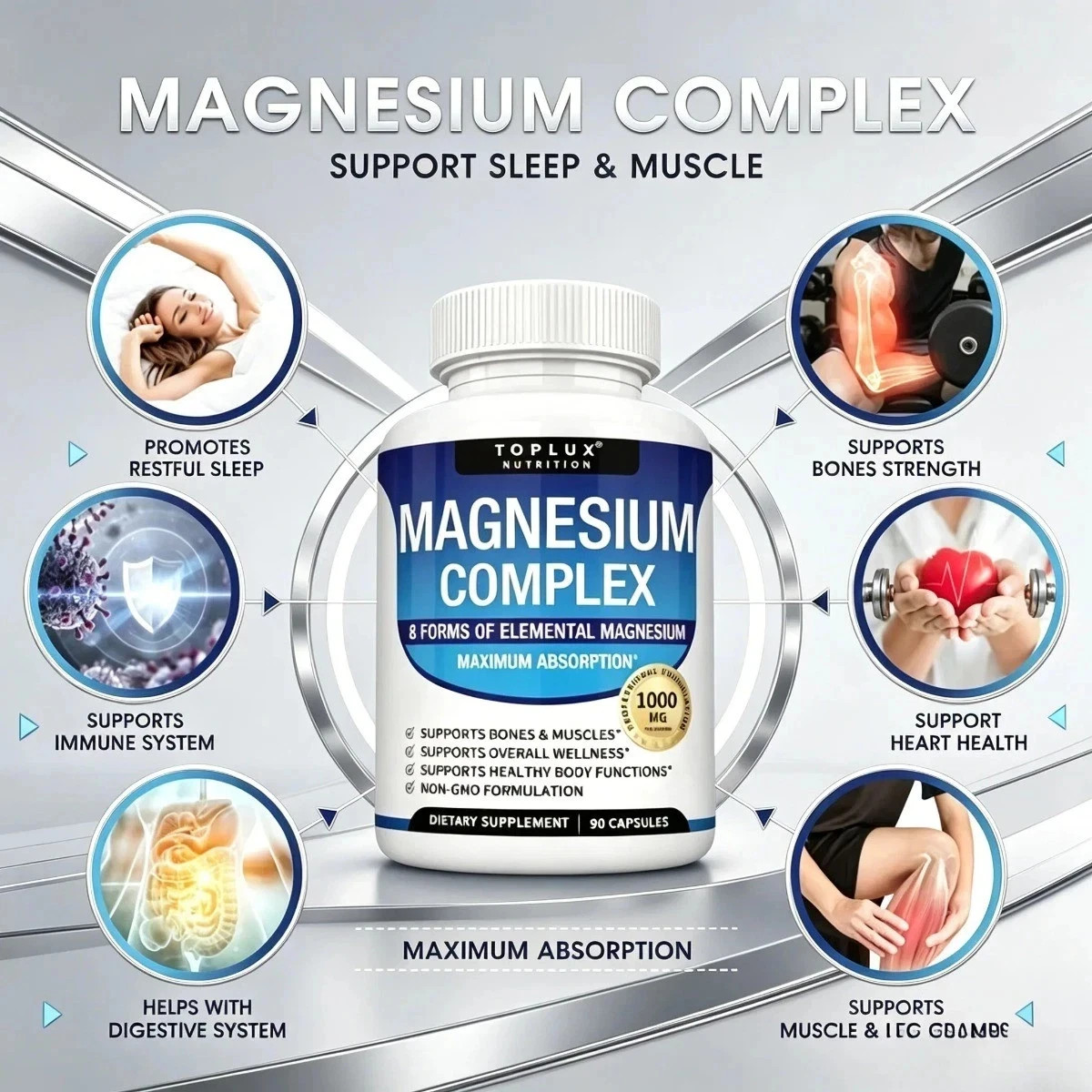 1/3X Toplux Nutrition Magnesium Complex 1000mg Supportings 8 Elemental Magnesium