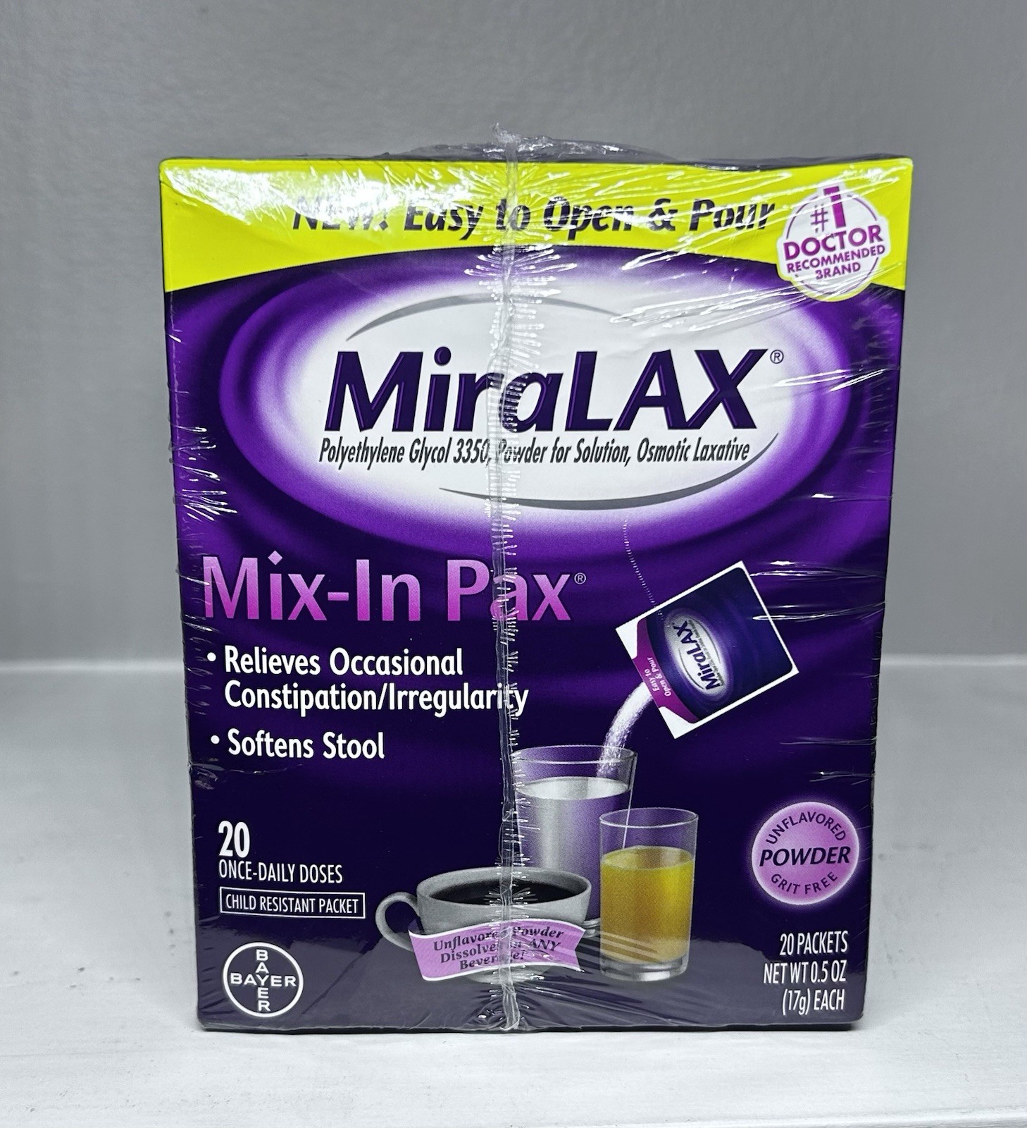 2 X MiraLAX Mix-In Pack Grit Free Unflavored, 20 Packs 0.5 oz Each- 40 Total