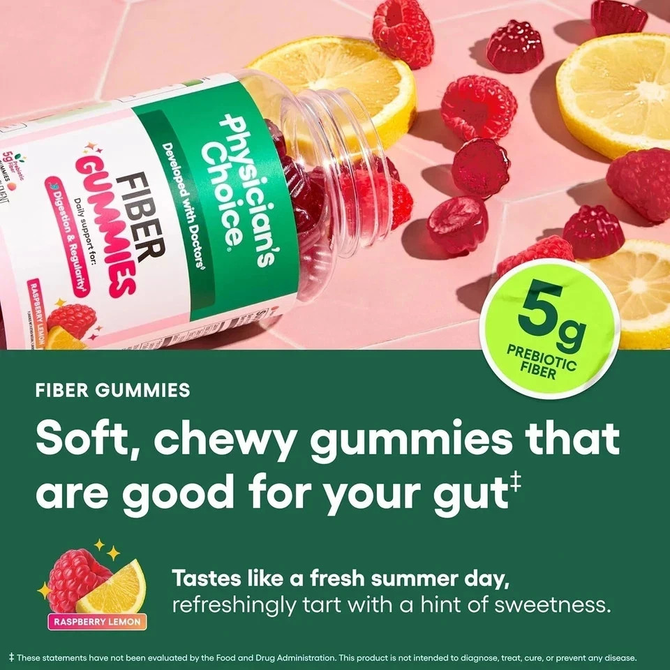 Physician’s Choice Fiber Gummies – Raspberry Lemon – No Sugar Added – 60CT