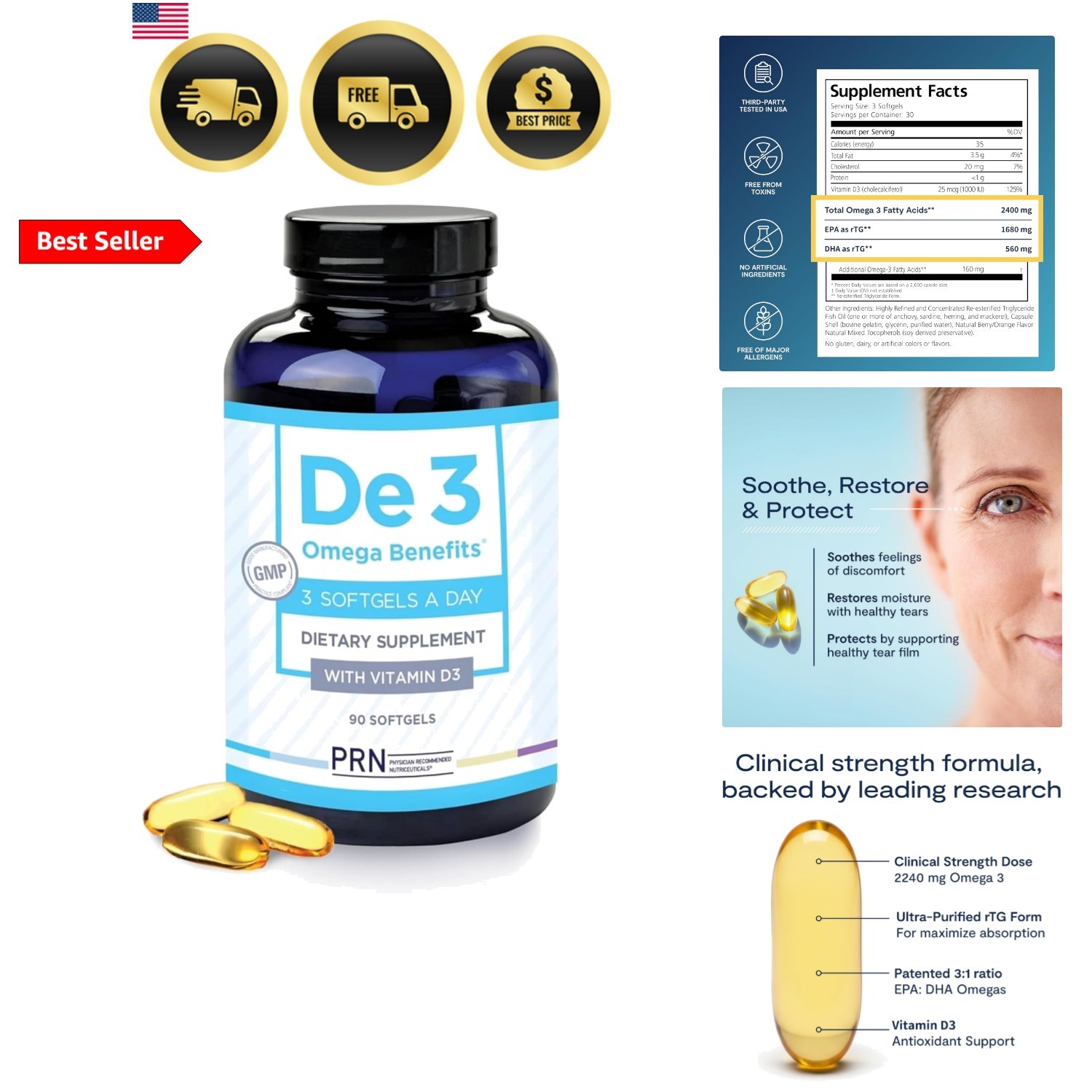 De3 Dry Eye Ultra Pure rTG Omega 3 – Support for Dry Eyes – 2400 mg EPA & DHA…