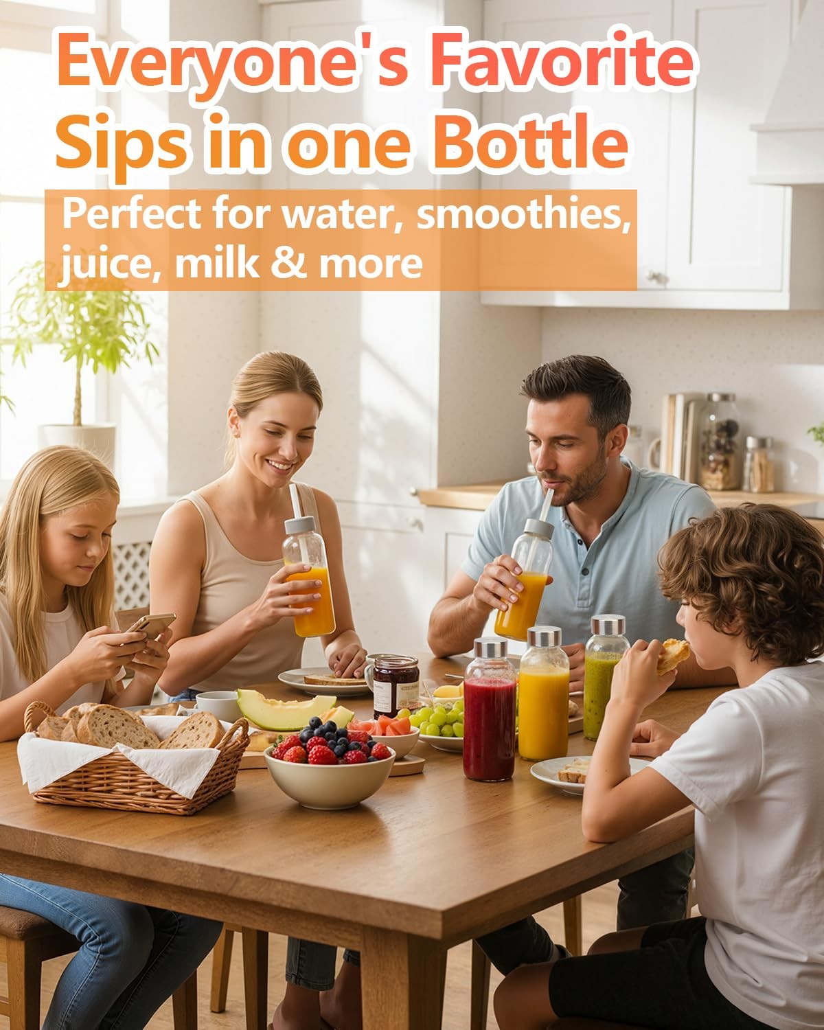 Glass Water Bottles with Lids & Straw 16 oz 8 Pack Reusable Juice Bottles With