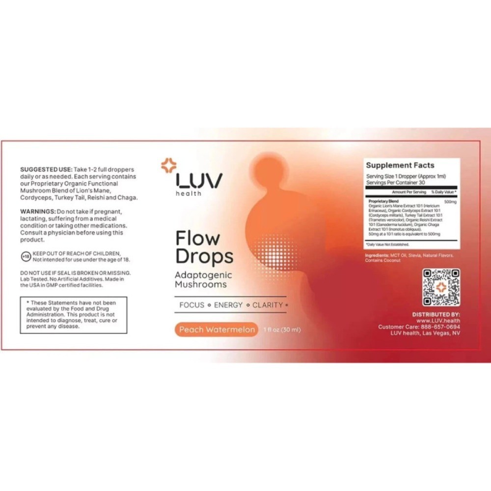 1-5x Peach Health Flow Drops Adaptogen Mushroom Blend LUV Watermelon 1oz-