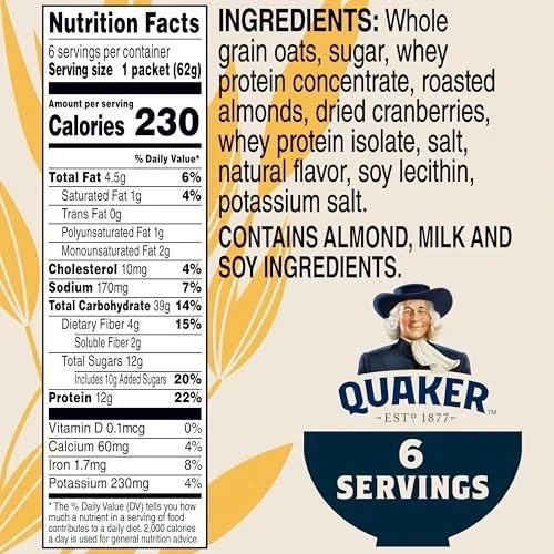 Quaker Protein Instant Oatmeal, Cranberry Almond, 12g 2.18 Ounce (Pack of 6)