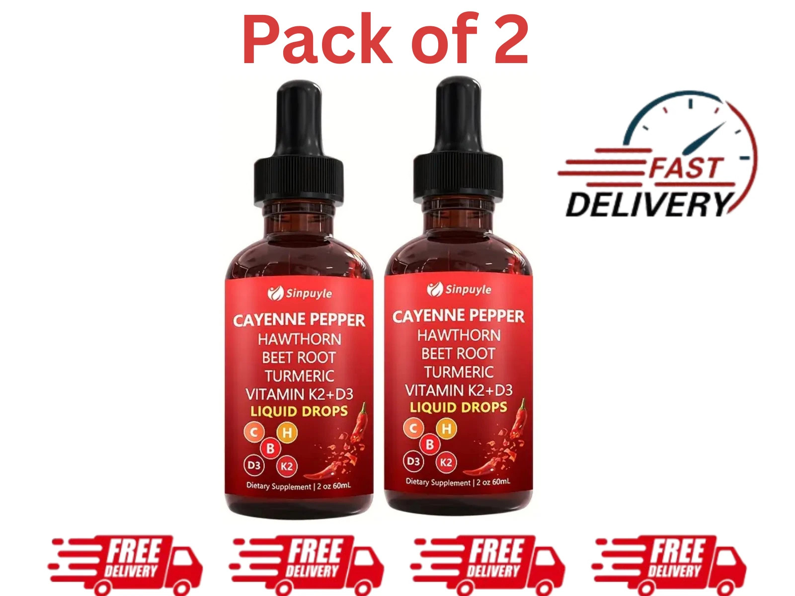 2Pack Cayenne Pepper Hawthorn Beet Root Turmeric Vitamin K2+D3 Liquid Drops