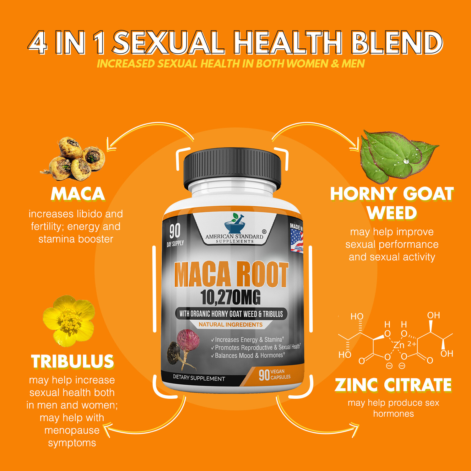 Maca Root Capsules Organic 10270mg with Tribulus, Horny Goat Weed, Zinc – 90Caps