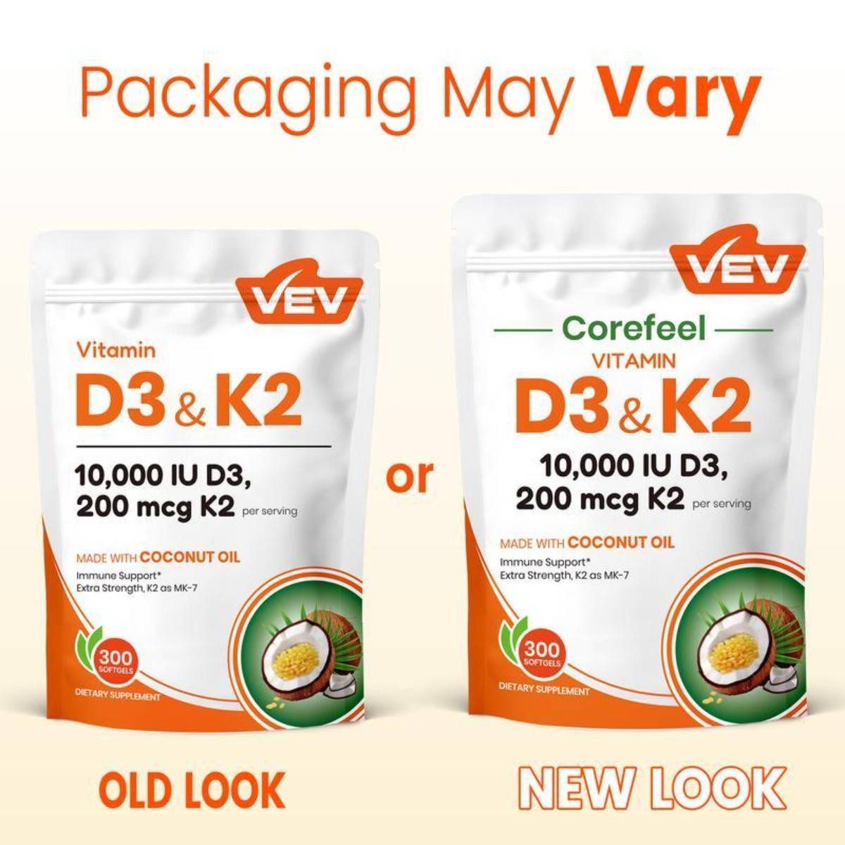 2 PACKS-NEW VEV Vitamin D3 K2 10000 IU, 300 Coconut Oil Softgels, 2-in-1 D&K
