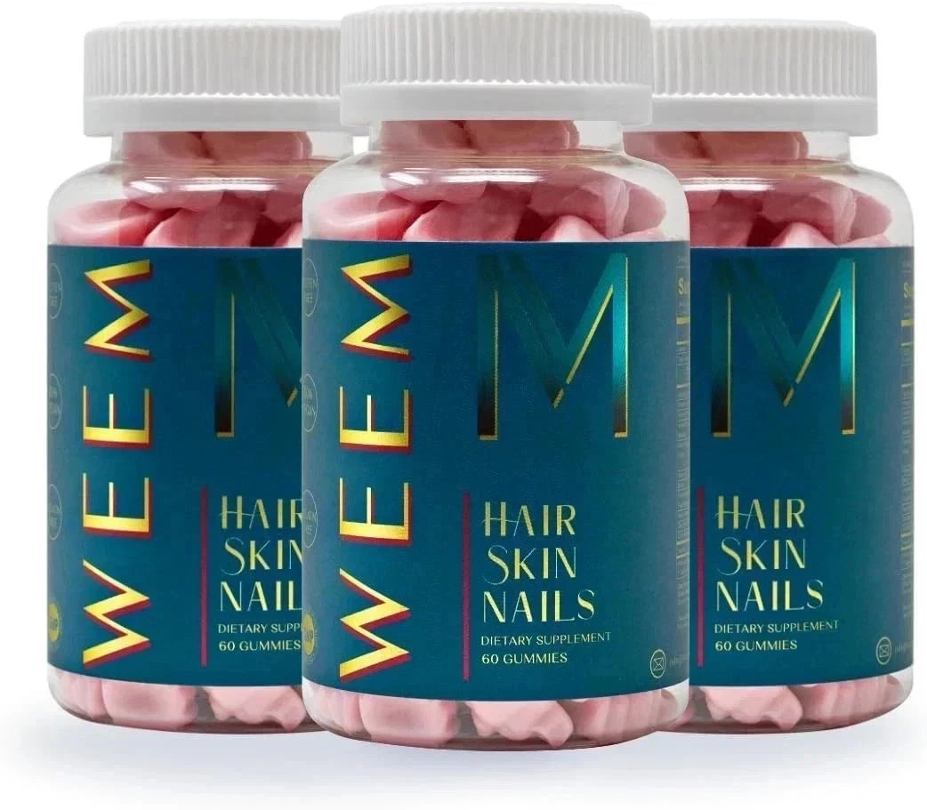 Pack 3 WEEM Hair Skin and Nails Gummies, Vegan biotin Vitamins, Healthy Hair