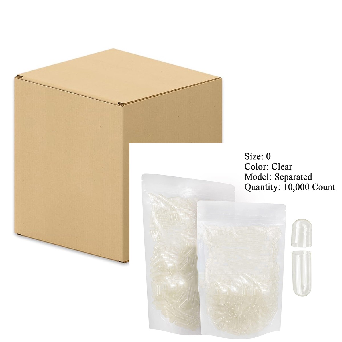 10,000 Box of Bulk Empty Gelatin Capsules Size 0 Clear Gel Caps Separated