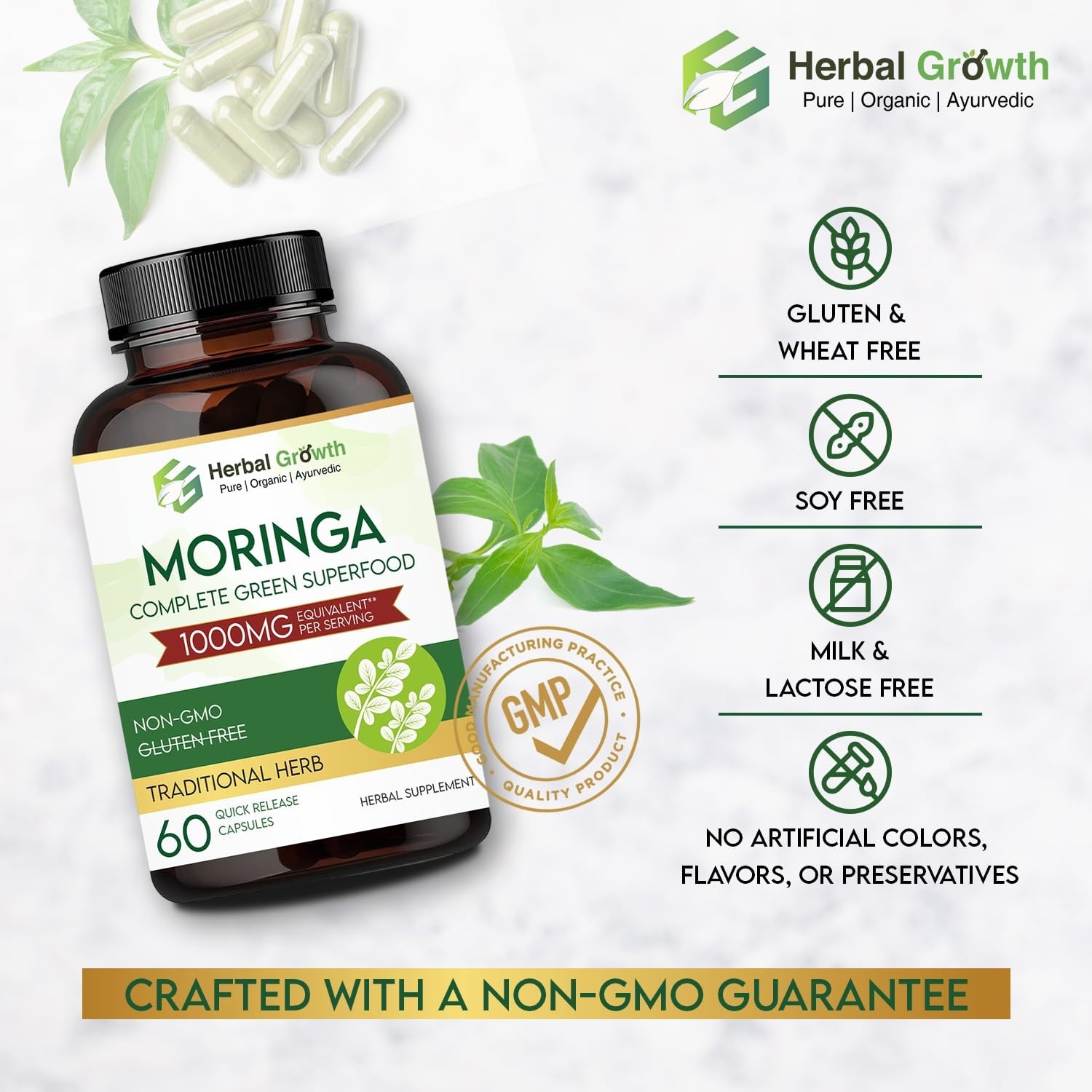 HERBAL.GROWTH Moringa 1000mg Capsules 60 Count Pack of 3