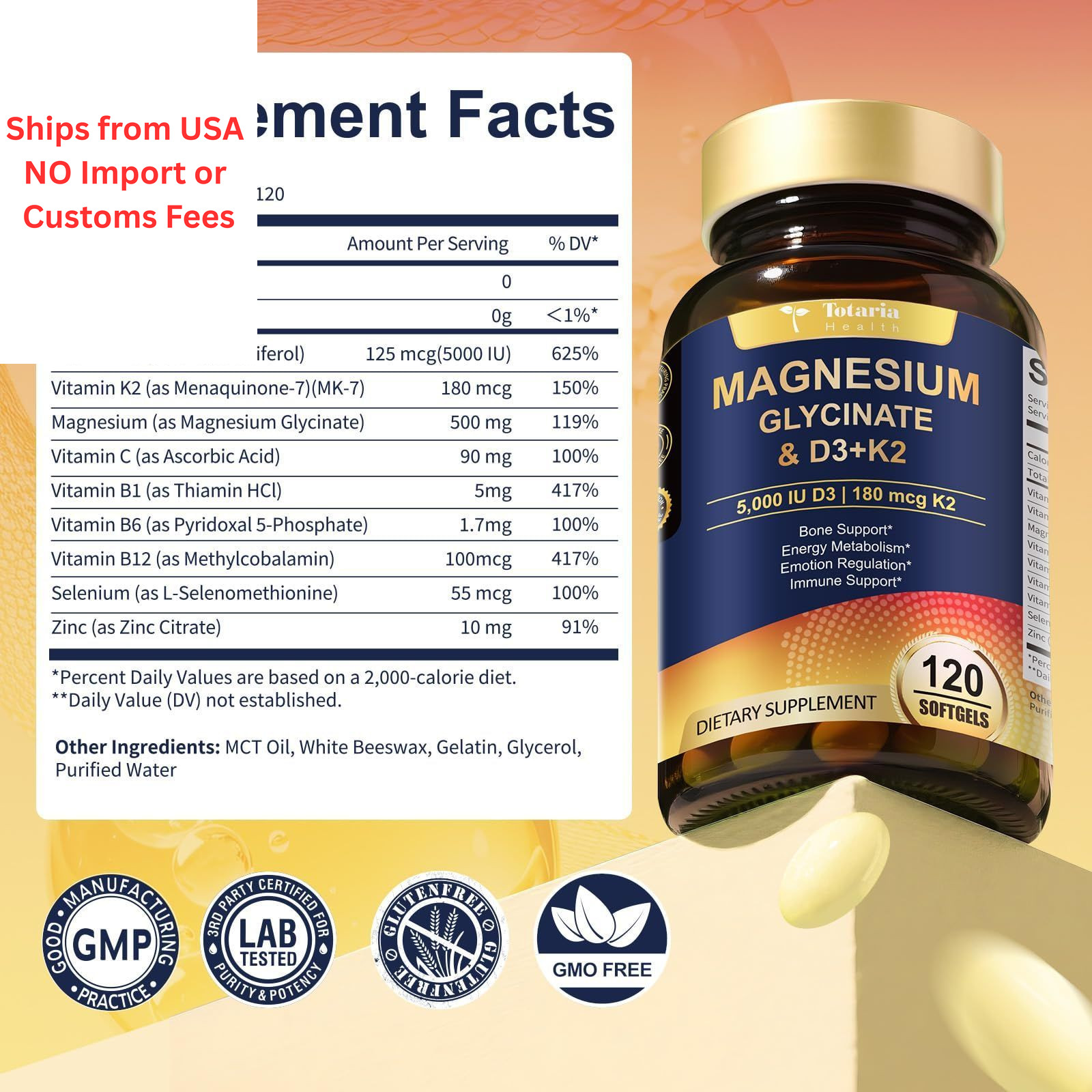 9-in-1 Magnesium Glycinate 500mg + Vitamin D3 5000 IU & 120 Count (Pack of 1)