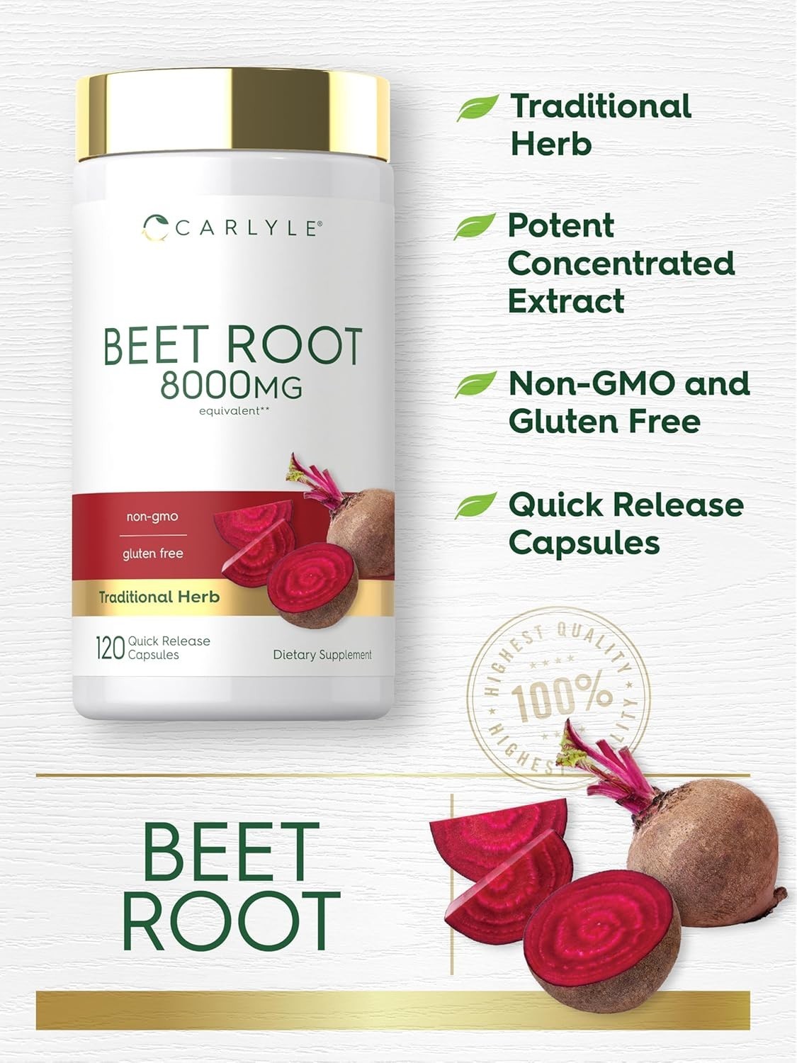 Beet Root Capsules 8000mg, 120 Count, Non-GMO & Gluten Free