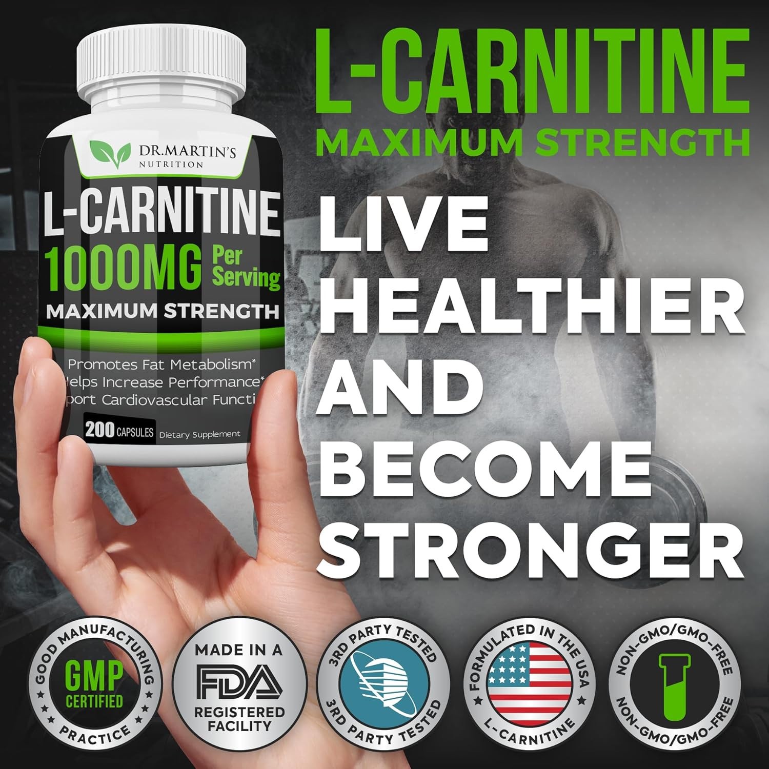 Dr. Martin’s L-Carnitine 1000mg 200 Capsules Metabolism Performance Boost