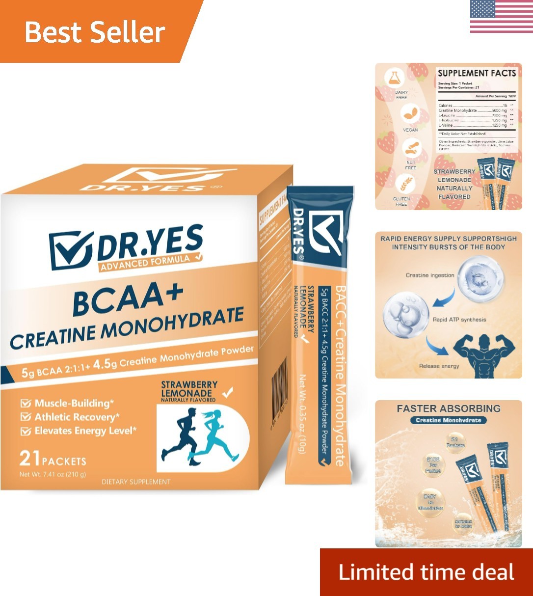 DR.YES Creatine Monohydrate Powder, Boost Strength, Muscle Recovery for Men &…