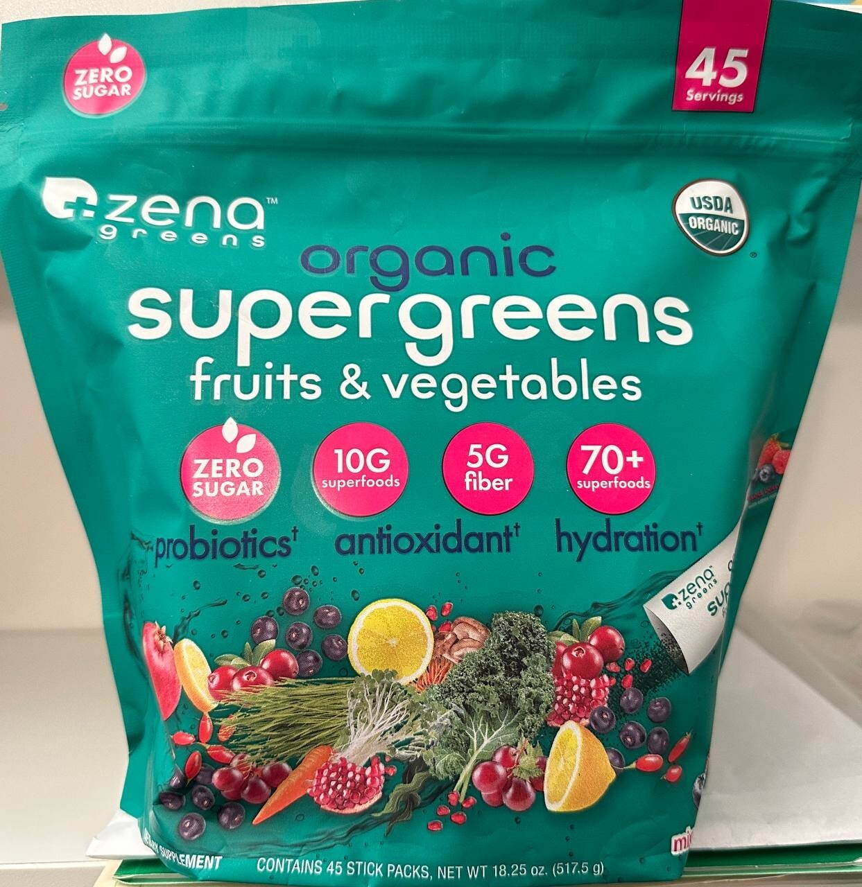 Zena Greens Organic Supergreens Fruits & Vegetables Powder 45 Packs EXP 06/2026