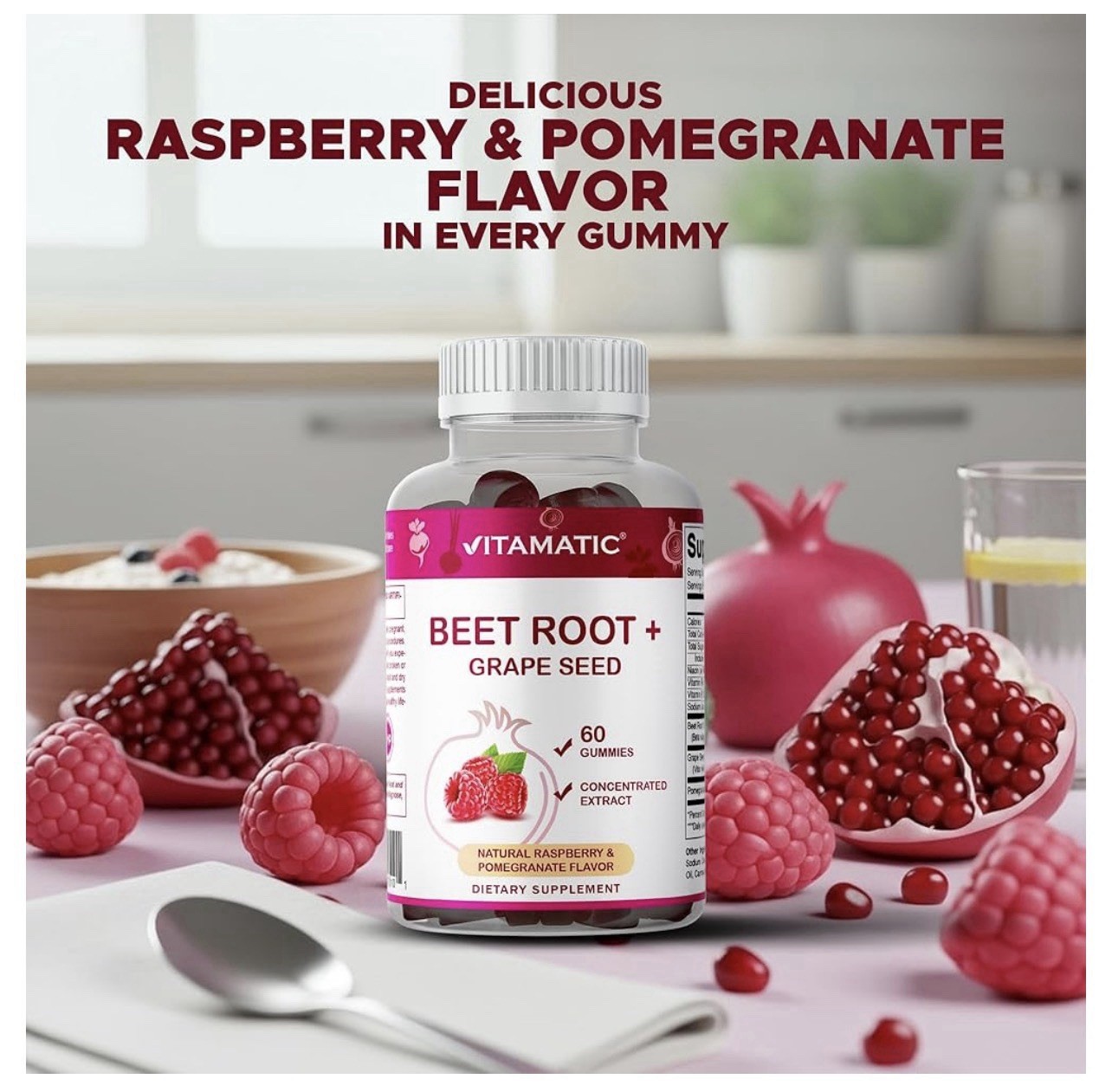 1Vitamatic Beet Root Gummies 400mg with B6 (2mg) B12 Grape Seed Pomegranate &