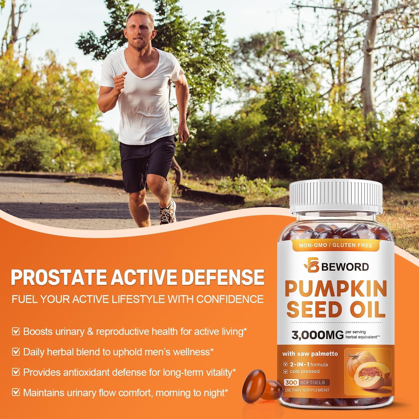 Pumpkin Seed Oil & Saw Palmetto Softgels 3000mg, 300 Count | Cold-Pressed, Non-G