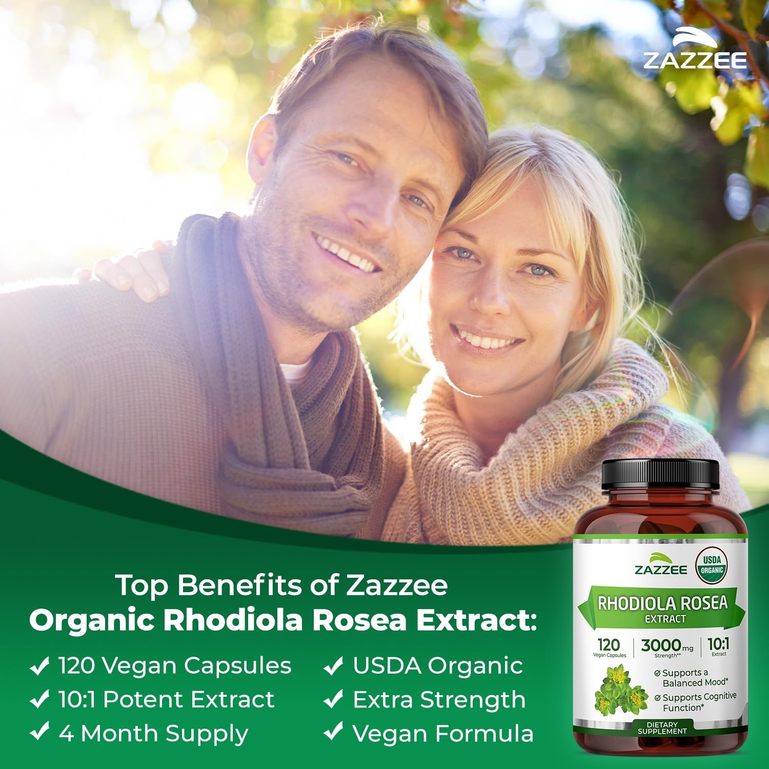 Zazzee USDA Organic Rhodiola 101 Extract, 120 Capsules, 4 Month Supply, Rhodi…
