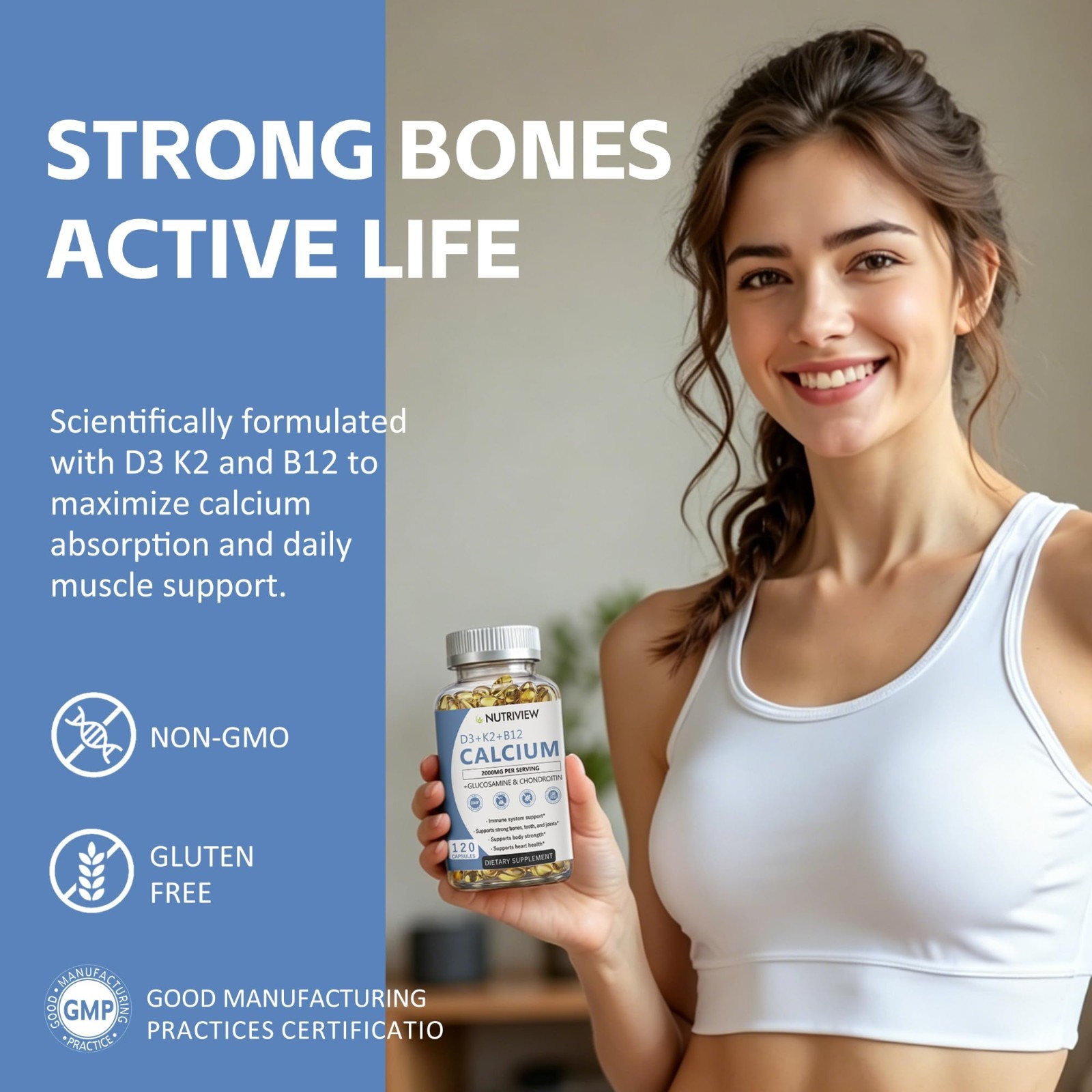 Calcium 2000mg with D3 & K2, High Absorption Non-GMO, 120 Softgels for Bone Heal