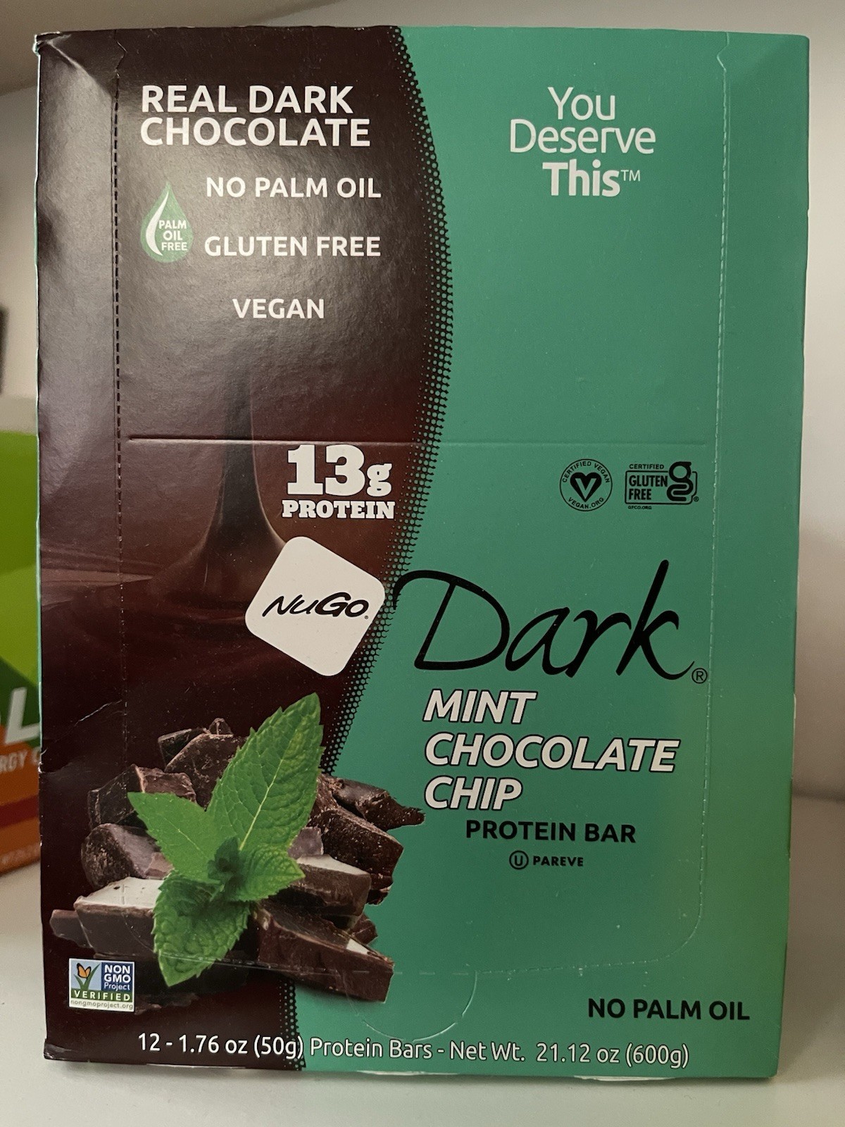 12 NuGo Dark Mint Chocolate Chip Protein Bars Vegan Gluten-Free 9SEPT26