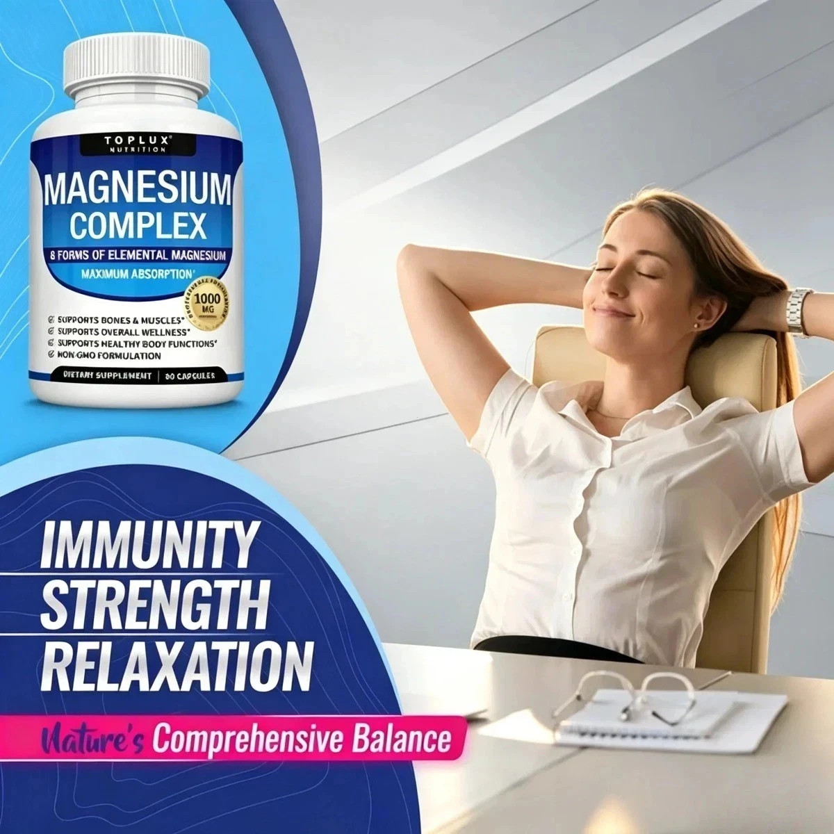 1/3X Toplux Nutrition Magnesium Complex 1000mg Supportings 8 Elemental Magnesium
