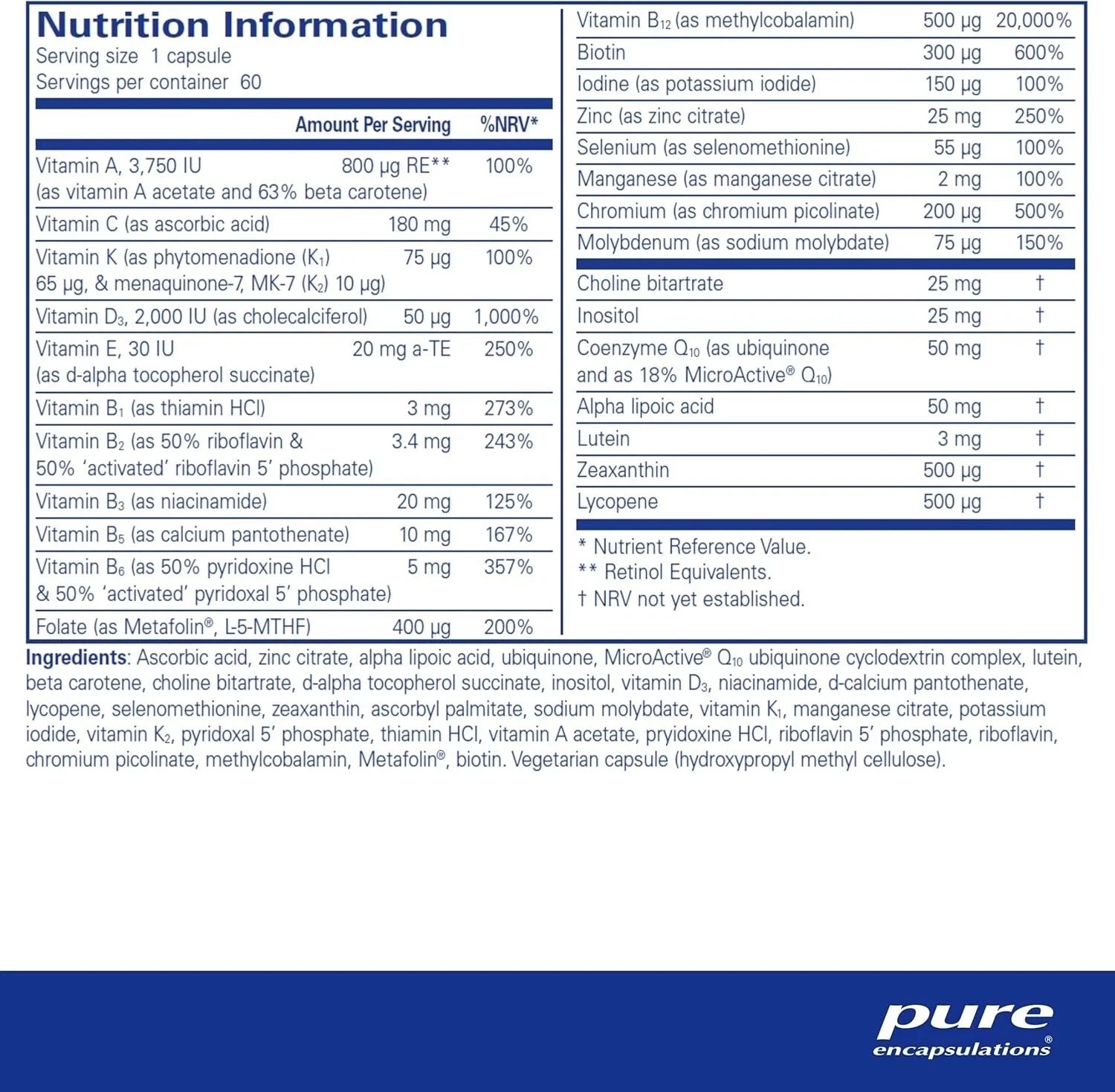 Pure Encapsulations O.N.E. Multivitamin – 120 Capsules exp 01/28