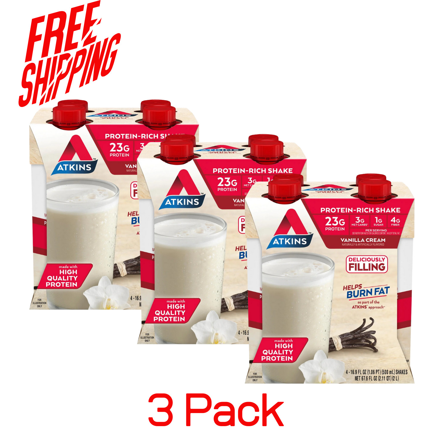 3- Pack, Atkins Protein-Rich Shake 4-Pack Vanilla Cream 16.9 oz Gluten-Free -NEW
