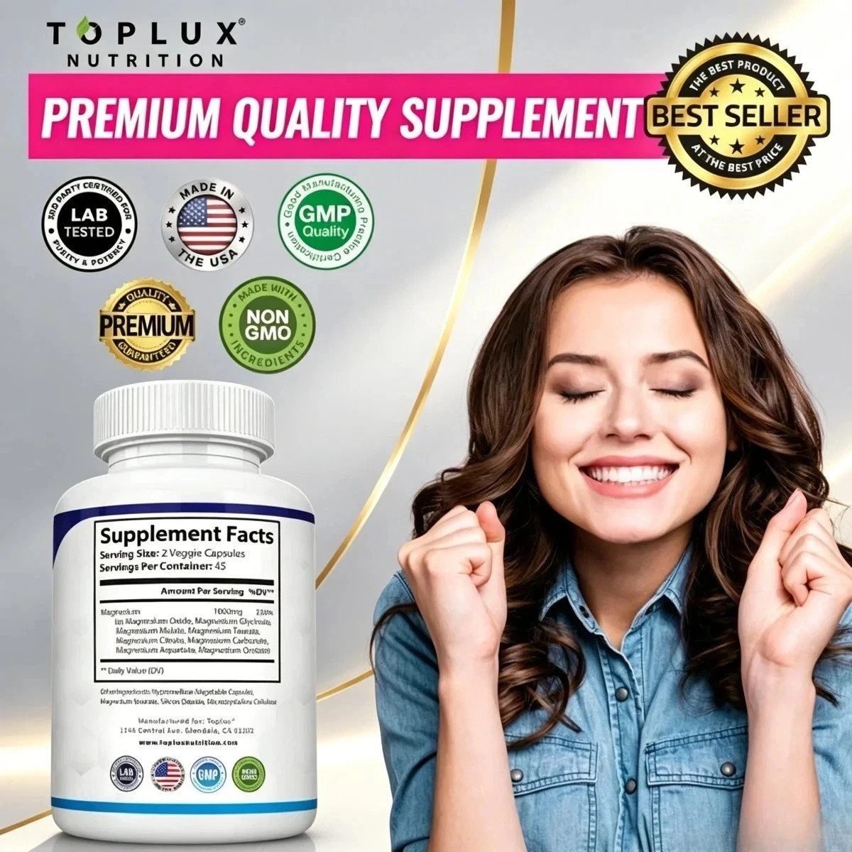 1/3X Toplux Nutrition Magnesium Complex 1000mg Supportings 8 Elemental Magnesium