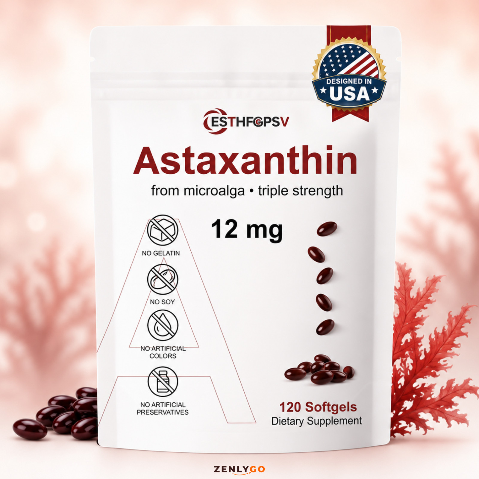 Astaxanthin 12mg 120 Softgels, 4 Month Supply,Triple Strength,Non-GMO,Eye Health